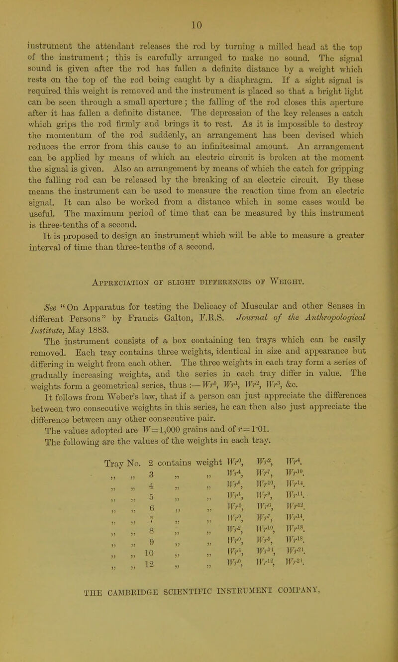 iustruincnt the attendant releases the rod by turning a milled head at the top of the instrument; this is carefully arranged to make no sound. The signal sound is given after the rod has fallen a definite distance by a weight which rests on the top of the rod being caught by a diaphragm. If a sight signal is required this weight is removed and the instrument is placed so that a bright light can be seen through a small aperture; the falling of the rod closes this aperture after it has fallen a definite distance. The depression of the key releases a catch which gi'ips the rod firmly and brings it to rest. As it is impossible to destroy the momentum of the rod suddenly, an arrangement has been devised which reduces the error from this cause to an infinitesimal amount. An arrangement can be applied by means of which an electric circuit is broken at the moment the signal is given. Also an arrangement by means of which the catch for gripping the falling rod can be released by the breaking of an electric circuit. By these means the instrument can be used to measm-e the reaction time from an electric signal. It can also be worked from a distance which in some cases would be useful. The maximvim period of time that can be measured by this instrument is three-tenths of a second. It is proposed to design an instrument which will be able to measure a greater interval of time than three-tenths of a second. See  On Apparatus for testing the Delicacy of Muscular and other Senses in diflPerent Persons by Francis Galtou, F.R.S. Journal of the Anthropological Institute, May 1883. The instrument consists of a box containing ten trays which can be easily removed. Each tray contains three weights, identical in size and appearance but differing in weight from each other. The three weights in each tray form a series of gradually increasing weights, and the series in each tray differ in value. The weights form a geometrical series, thus :—Ifr, Wr\ Tfr^, Wi^, &c. It follows from Weber's law, that if a person can just appreciate the differences between two consecutive weights in this series, he can then also just appreciate the difference between any other consecutive pair. The values adopted are lf= 1,000 grains and of ?*=1-01. The following are the values of the weights in each tray. Appreciation of slight differences of Weight. Tray No. 2 contains weight Tr;-«, Wr% TTV». 6 „ „ nvo, Wr\ 7 „ „ Wr\ Wr\ 1IV». 8 „ „ ]|>io, 1IV18.