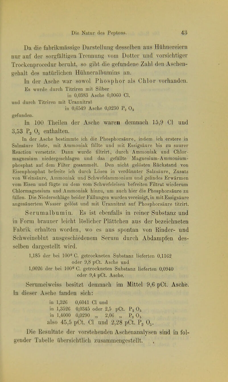 Da die fabvikmiissige Darstellung desselben aus Hühnereiern nur auf der sorgfältigen Trennung vom Dotter und vorsichtiger Trookenprocedur beruht, so gibt die gefundene Zahl den Aschen- gehalt des natürlicjien Hühneralbumins an. In der Asche war sov^^ol Phosphor als Chlor vorhanden. Es wurde durch Titriren mit Silber in 0,0383 Asche 0,0060 CK und durch Titriren mit Urannitrat in 0,6549 Asche 0,0230 Po O5 gefunden. In 100 Tlieileu der Asche waren demnach 15,9 Cl und 3,53 Pg O5 enthalten. In der Asche bestimmte ich die Phosphorsäure, indem ich erstere in Salzsäure löste, mit Ammoniak fällte und mit Essigsäure bis zu saurer Reaction versetzte. Dann wui'de filtrirt, durch Ammoniak und Chlor- magnesium niedergeschlagen und das gefällte Magnesium-Ammonium- phosphat auf dem Filter gesammelt. Den nicht gelösten Rückstand von Eisenphosphat befreite ich durch Lösen in verdünnter Salzsäure, Zusatz von Weinsäure, Ammoniak und Schwefelammonium und geUndes Erwärmen vom Eisen und fügte zu dem vom Schwefeleisen befreiten Filtrat wiederum Chlorraagnesium und Ammoniak hinzu, um auch hier die Phosphorsäure zu fällen. Die Niederschläge beider Fällungen wurden vereinigt, in mitEssigsäure angesäuertem Wasser gelöst und mit Urannitrat auf Phosphorsäure titrirt. Serumalbumin. Es ist ebenfalls in reiner Substanz und in Form brauner leicht löslicher Plättchen aus der bezeichneten Fabrik erhalten worden, wo es aus spontan von Rinder- und Schweineblut ausgeschiedenem Serum durch Abdampfen des- selben dargestellt wird. 1,185 der bei 100» C. getrockneten Substanz lieferten 0,1162 oder 9,8 pCt. Asche und 1,0026 der bei 100 C. getrockneten Substanz lieferten 0,0940 oder 9,4 pCt. Asche. SeiTimeiweiss besitzt demnach im Mittel 9,6 pCt. Asche. In dieser Asche fanden sich: in 1,326 0,6041 Cl und in 1,3526 0,0345 oder 2,5 pCt. P2 O5 in 1,4000 0,0290 „ 2,06 „ P^ O5 also 45,5 pCt. Cl und 2,28 pCt. Pg O5. Die Resultate der vorstehenden Ascheuanalysen sind in fol- gender Tabelle übersichtlich zusammengestellt. ,