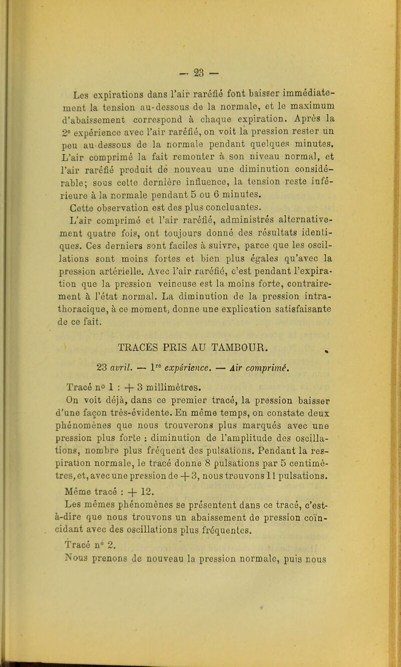 Les expirations dans l'air raréfie font baisser immédiate- ment la tension au-dessous de la normale, et le maximum d’abaissement correspond à chaque expiration. Après la 2® expérience avec l’air raréfié, on voit la pression rester un peu au-dessous de la normale pendant quelques minutes. L’air comprimé la fait remonter à son niveau normal, et l’air raréfié produit de nouveau une diminution considé- rable; sous cette dernière infiuence, la tension reste infé- rieure à la normale pendant 5 ou 6 minutes. Cette observation est des plus concluantes. L’air comprimé et l’air raréfié, administrés alternative- ment quatre fois, ont toujours donné des résultats identi- ques. Ces derniers sont faciles à suivre, parce que les oscil- lations sont moins fortes et bien plus égales qu’avec la pression artérielle. Avec l’air raréfié, c’est pendant l’expira- tion que la pression veineuse est la moins forte, contraire- ment à l’état normal. La diminution de la pression intra- thoracique, à ce moment, donne une explication satisfaisante de ce fait. TRACÉS PRIS AU TAMBOUR. 23 avril. — 1'® expérience, — Air comprimé. Tracé n° 1 : -j- 3 millimètres. On voit déjà, dans ce premier tracé, la pression baisser d’iine façon très-évidente. En même temps, on constate deux phénomènes que nous trouverons plus marqués avec une pression plus forte : diminution de l’amplitude des oscilla- tions, nombre plus fréquent des pulsations. Pendant la res- piration normale, le tracé donne 8 pulsations par 5 centimè- tres, et, avec une pression de -}- 3, nous trouvons 11 pulsations. Même tracé : -j- 12. Les mêmes phénomènes se présentent dans ce tracé, c’est- à-dire que nous trouvons un abaissement de pression coïn- cidant avec des oscillations plus fréquentes. Tracé n® 2. Nous prenons de nouveau la pression normale, puis nous