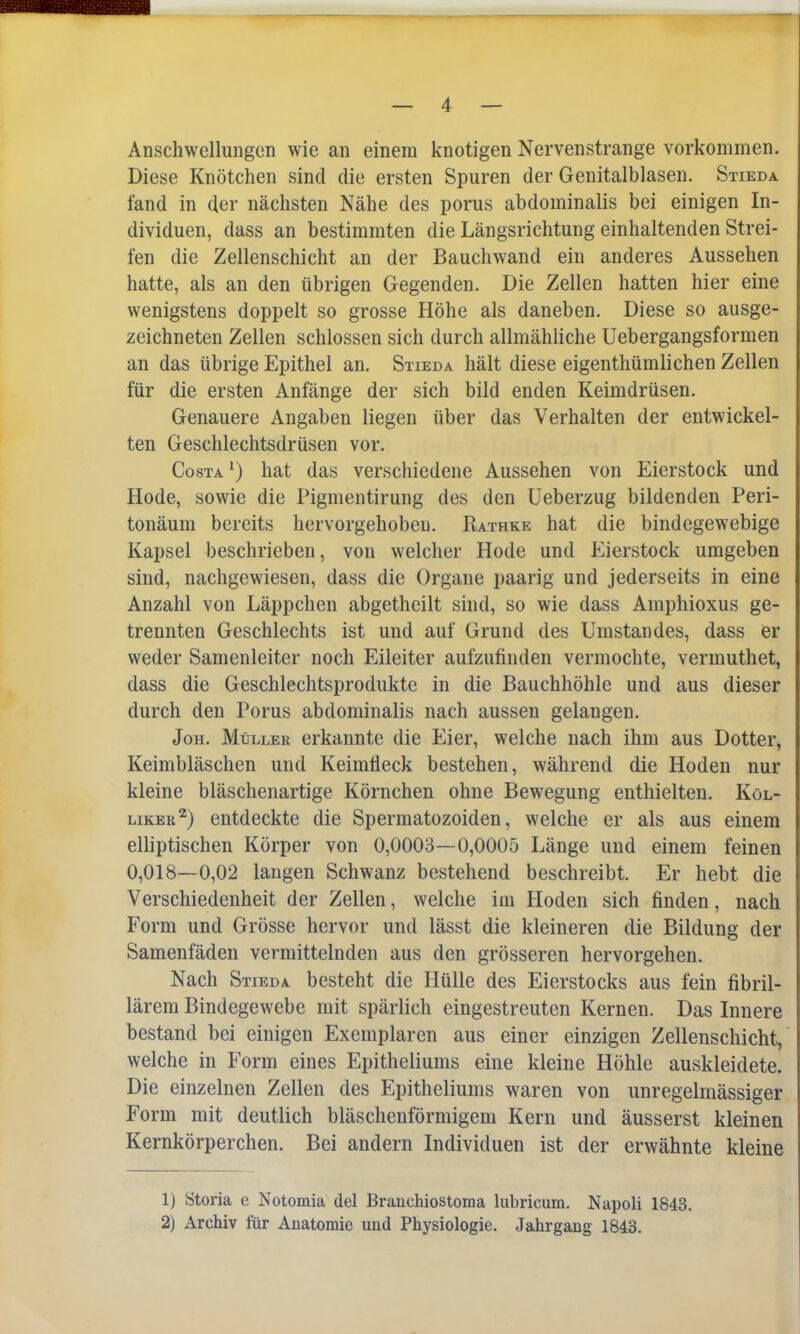 — 4 — Anschwellungen wie an einem knotigen Nervenstrange vorkommen. Diese Knötchen sind die ersten Spuren der Genitalblasen. Stieda fand in der nächsten Nähe des porus abdominalis bei einigen In- dividuen, dass an bestimmten die Längsrichtung einhaltenden Strei- fen die Zellenschicht an der Bauchwand ein anderes Aussehen hatte, als an den übrigen Gegenden. Die Zellen hatten hier eine wenigstens doppelt so grosse Höhe als daneben. Diese so ausge- zeichneten Zellen schlössen sich durch allmähliche Uebergangsformen an das übrige Epithel an. Stieda hält diese eigenthümlichen Zellen für die ersten Anfänge der sich bild enden Keimdrüsen. Genauere Angaben liegen über das Verhalten der entwickel- ten Geschlechtsdrüsen vor. Costa l) hat das verschiedene Aussehen von Eierstock und Hode, sowie die Pigmentirung des den Ueberzug bildenden Peri- tonäum bereits hervorgehoben. Rathke hat die bindegewebige Kapsel beschrieben, von welcher Hode und Eierstock umgeben sind, nachgewiesen, dass die Organe paarig und jederseits in eine Anzahl von Läppchen abgetheilt sind, so wie dass Amphioxus ge- trennten Geschlechts ist und auf Grund des Umstandes, dass er weder Samenleiter noch Eileiter aufzufinden vermochte, vermuthet, dass die Geschlechtsprodukte in die Bauchhöhle und aus dieser durch den Porus abdominalis nach aussen gelangen. Joh. Müller erkannte die Eier, welche nach ihm aus Dotter, Keimbläschen und Keimfleck bestehen, während die Hoden nur kleine bläschenartige Körnchen ohne Bewegung enthielten. Köl- liker2) entdeckte die Spermatozoiden, welche er als aus einem elliptischen Körper von 0,0003—0,0005 Länge und einem feinen 0,018—0,02 langen Schwanz bestehend beschreibt. Er hebt die Verschiedenheit der Zellen, welche im Hoden sich finden, nach Form und Grösse hervor und lässt die kleineren die Bildung der Samenfäden vermittelnden aus den grösseren hervorgehen. Nach Stieda besteht die Hülle des Eierstocks aus fein fibril- lärem Bindegewebe mit spärlich eingestreuten Kernen. Das Innere bestand bei einigen Exemplaren aus einer einzigen Zellenschicht, welche in Form eines Epitheliums eine kleine Höhle auskleidete. Die einzelnen Zellen des Epitheliums waren von unregelmässiger Form mit deutlich bläschenförmigem Kern und äusserst kleinen Kernkörperchen. Bei andern Individuen ist der erwähnte kleine 1) Storia e Notomia del Branchiostoma lubricum. Napoli 1843.