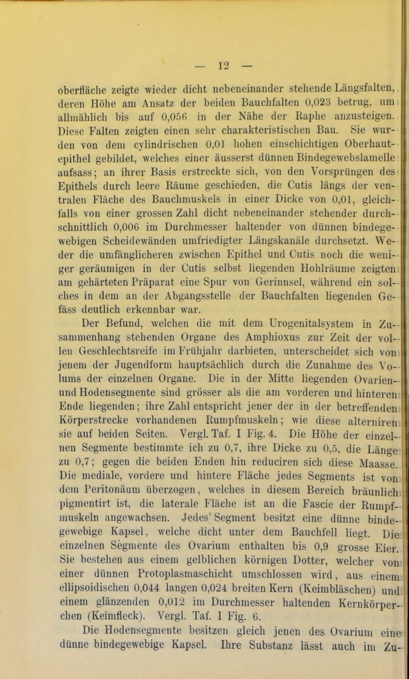 Oberfläche zeigte wieder dicht nebeneinander stehende Längsfalten, .leren Höhe am Ansatz der beiden Bauchfalten 0,023 betrug, um allmählich bis auf 0,056 in der Nähe der Raphe anzusteigen. Diese Falten zeigten einen sehr charakteristischen Bau. Sie wur- den von dem cylindrischen 0,01 hohen einschichtigen Oberhaut- epithel gebildet, welches einer äusserst dünnen Bindegewebslamelle aufsass; an ihrer Basis erstreckte sich, von den Vorsprüngen des Epithels durch leere Räume geschieden, die Cutis längs der ven- tralen Fläche des Bauchmuskels in einer Dicke von 0,01, gleich- falls von einer grossen Zahl dicht nebeneinander stehender durch- schnittlich 0,006 im Durchmesser haltender von dünnen bindege- webigen Scheidewänden umfriedigter Längskanäle durchsetzt. We- der die umfänglicheren zwischen Epithel und Cutis noch die weni- ger geräumigen in der Cutis selbst liegenden Hohlräume zeigten am gehärteten Präparat eine Spur von Gerinnsel, während ein sol- ches in dem an der Abgangsstelle der Bauchfalten liegenden Ge- fäss deutlich erkennbar war. Der Befund, welchen die mit dem Urogenitalsystem in Zu- sammenhang stehenden Organe des Amphioxus zur Zeit der vol- len Geschlechtsreife im Frühjahr darbieten, unterscheidet sich von jenem der Jugendform hauptsächlich durch die Zunahme des Vo- lums der einzelnen Organe. Die in der Mitte liegenden Ovarien— und Hodensegmente sind grösser als die am vorderen und hinteren Ende liegenden; ihre Zahl entspricht jener der in der betreffenden Körperstrecke vorhandenen Rumpfmuskeln; wie diese alterniren sie auf beiden Seiten. Vergl. Taf. I Fig. 4. Die Höhe der einzel- nen Segmente bestimmte ich zu 0,7, ihre Dicke zu 0,5, die Länge zu 0,7; gegen die beiden Enden hin reduciren sich diese Maasse. Die mediale, vordere und hintere Fläche jedes Segments ist von dein Peritonäum überzogen, welches in diesem Bereich bräunlich pigmentirt ist, die laterale Fläche ist an die Fascie der Rumpf- muskeln angewachsen. Jedes' Segment besitzt eine dünne binde- gewebige Kapsel, welche dicht unter dem Bauchfell liegt. Die. einzelnen Segmente des Ovarium enthalten bis 0,9 grosse Eier. Sie bestehen aus einem gelblichen körnigen Dotter, welcher von einer dünnen Protoplasmaschicht umschlossen wird, aus einem ellipsoidischen 0,044 langen 0,024 breiten Kern (Keimbläschen) und einem glänzenden 0,012 im Durchmesser haltenden Kernkörper- chen (Keimfleck). Vergl. Taf. I Fig. 6. Die Hodensegmente besitzen gleich jenen des Ovarium eine dünne bindegewebige Kapsel. Ihre Substanz lässt auch im Zu-