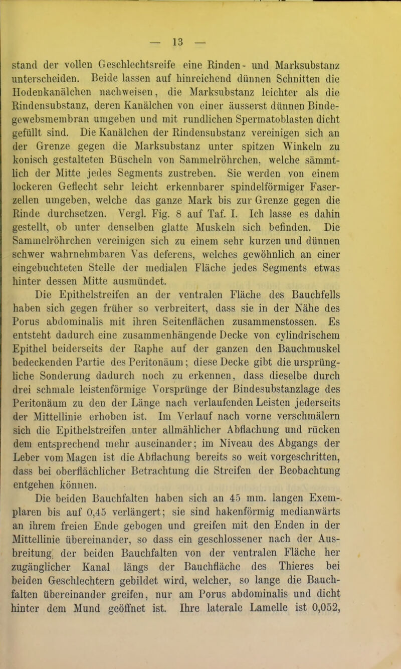 stand der vollen Geschlechtsreife eine Rinden- und Marksubstanz unterscheiden. Beide lassen auf hinreichend dünnen Schnitten die Hodenkanälchen nachweisen, die Marksubstanz leichter als die Rindensubstanz, deren Kanälchen von einer äusserst dünnen Binde- gewebsraembran umgeben und mit rundlichen Spermatoblasten dicht gefüllt sind. Die Kanälchen der Rindensubstanz vereinigen sich an der Grenze gegen die Marksubstanz unter spitzen Winkeln zu konisch gestalteten Büscheln von Sammelröhrchen, welche sämmt- lich der Mitte jedes Segments zustreben. Sie werden von einem lockeren Geflecht sehr leicht erkennbarer spindelförmiger Faser- zellen umgeben, welche das ganze Mark bis zur Grenze gegen die Rinde durchsetzen. Vergl. Fig. 8 auf Taf. I. Ich lasse es dahin gestellt, ob unter denselben glatte Muskeln sich befinden. Die Sammelröhrchen vereinigen sich zu einem sehr kurzen und dünnen schwer wahrnehmbaren Vas deferens, welches gewöhnlich an einer eingebuchteteu Stelle der medialen Fläche jedes Segments etwas hinter dessen Mitte ausmündet. Die Epithelstreifen an der ventralen Fläche des Bauchfells haben sich gegen früher so verbreitert, dass sie in der Nähe des Porus abdominalis mit ihren Seitenflächen zusammenstossen. Es entsteht dadurch eine zusammenhängende Decke von cylindrischem Epithel beiderseits der Raphe auf der ganzen den Bauchmuskel bedeckenden Partie des Peritonäum; diese Decke gibt die ursprüng- liche Sonderung dadurch noch zu erkennen, dass dieselbe durch drei schmale leistenförmige Vorsprünge der Bindesubstanzlage des Peritonäum zu den der Länge nach verlaufenden Leisten jederseits der Mittellinie erhoben ist. Im Verlauf nach vorne verschmälern sich die Epithelstreifen unter allmählicher Abflachung und rücken dem entsprechend mehr auseinander; im Niveau des Abgangs der Leber vom Magen ist die Abflachung bereits so weit vorgeschritten, dass bei oberflächlicher Betrachtung die Streifen der Beobachtung entgehen können. Die beiden Bauchfalten haben sich an 45 mm. langen Exem-. plaren bis auf 0,45 verlängert; sie sind hakenförmig medianwärts an ihrem freien Ende gebogen und greifen mit den Enden in der Mittellinie übereinander, so dass ein geschlossener nach der Aus- breitung: der beiden Bauchfalten von der ventralen Fläche her zugänglicher Kanal längs der Bauchfläche des Thieres bei beiden Geschlechtern gebildet wird, welcher, so lange die Bauch- falten übereinander greifen, nur am Porus abdominalis und dicht hinter dem Mund geöffnet ist. Ihre laterale Lamelle ist 0,052,