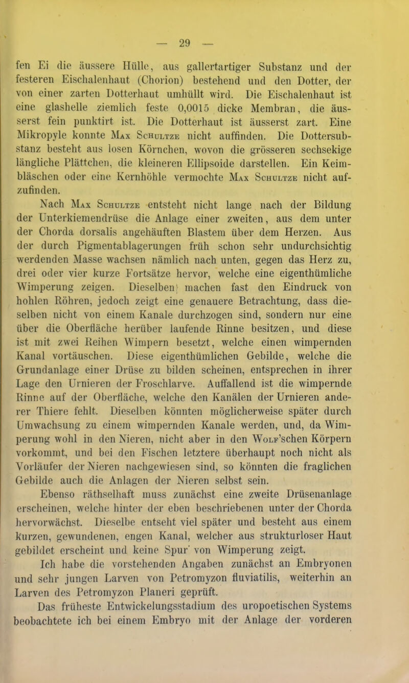 fen Ei die äussere Hülle, aus gallertartiger Substanz und der festeren Eischalenhaut (Chorion) bestehend und den Dotter, der von einer zarten Dotterhaut umhüllt wird. Die Eischalenhaut ist eine glashelle ziemlich feste 0,0015 dicke Membran, die äus- serst fein punktirt ist. Die Dotterhaut ist äusserst zart. Eine Mikropyle konnte Max Schultze nicht auffinden. Die Dottersub- stanz besteht aus losen Körnchen, wovon die grösseren sechsekige längliche Plättchen, die kleineren Kllipsoide darstellen. Ein Keim- bläschen oder eine Kernhöhle vermochte Max Schultze nicht auf- zufinden. Nach Max Schultze entsteht nicht lange nach der Bildung der Unterkiemendrüse die Anlage einer zweiten, aus dem unter der Chorda dorsalis angehäuften Blastem über dem Herzen. Aus der durch Pigmentablagerungen früh schon sehr undurchsichtig werdenden Masse wachsen nämlich nach unten, gegen das Herz zu, drei oder vier kurze Fortsätze hervor, welche eine eigenthümliche Wimperung zeigen. Dieselben; machen fast den Eindruck von hohlen Röhren, jedoch zeigt eine genauere Betrachtung, dass die- selben nicht von einem Kanäle durchzogen sind, sondern nur eine über die Oberfläche herüber laufende Rinne besitzen, und diese ist mit zwei Reihen Wimpern besetzt, welche einen wimpernden Kanal vortäuschen. Diese eigentümlichen Gebilde, welche die Grundanlage einer Drüse zu bilden scheinen, entsprechen in ihrer Lage den Uriieren der Froschlarve. Auffallend ist die wimpernde Rinne auf der Oberfläche, welche den Kanälen derUrnieren ande- rer Thiere fehlt. Dieselben könnten möglicherweise später durch Umwachsung zu einem wimpernden Kanäle werden, und, da Wim- perung wohl in den Nieren, nicht aber in den WoLF'schen Körpern vorkommt, und bei den Fischen letztere überhaupt noch nicht als Vorläufer der Nieren nachgewiesen sind, so könnten die fraglichen Gebilde auch die Anlagen der Nieren selbst sein. Ebenso räthselhaft muss zunächst eine zweite Drüsenanlage erscheinen, weicht! hinter der eben beschriebenen unter der Chorda hervorwächst. Dieselbe cntseht viel später und besteht aus einem kurzen, gewundenen, engen Kanal, welcher aus strukturloser Haut gebildet erscheint und keine Spur* von Wimperung zeigt. Ich habe die vorstehenden Angaben zunächst an Embryonen und sehr jungen Larven von Petromyzon fluviatilis, weiterhin an Larven des Petromyzon Pianeri geprüft. Das früheste Entwickelungsstadium des uropoetischen Systems beobachtete ich bei einem Embryo mit der Anlage der vorderen