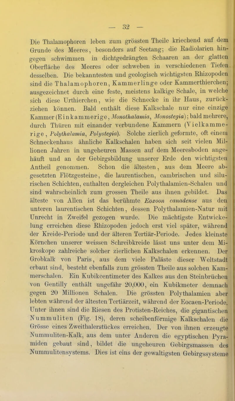 Die Thalamophoren leben zum grössten Tlieile kriechend auf dem Grunde des Meeres, besonders auf Seetang; die Radiolarien hin- gegen schwimmen in dichtgedrängten Schaaren an der glatten Oberfläche des Meeres oder schweben in verschiedenen Tiefen, desselben. Die bekanntesten und geologisch wichtigsten Rhizopoden sind die Thalamophoren, Kammerlinge oder Kammer thierchen; ausgezeichnet diu'ch eine feste, meistens kalkige Schale, in welche sich diese Urthierchen, wie die Schnecke in ihr Haus, zurück- ziehen können. Bald enthält diese Kalkschale nur eine einzige Kammer (Einkammerige, Monothalamia^ Monostegid); bald mehrere, durch Thtüen mit einander verbundene Kammern (Vielkamme- rige , FolythaJamia^ Polystegia). Solche zierlich geformte, oft einem Schneckenhaus ähnliche Kalkschalen haben sich seit ^delen Mil- lionen Jahren in ungeheuren Massen auf dem Meeresboden ange- häuft und an der Gebirgsbüdung unserer Erde den wichtigsten Antheil genommen. Schon die ältesten, aus dem Meere ab- gesetzten Flötzgesteine, die laurentischen, cambrischen und silu- rischen Schichten, enthalten dergleichen Polythalamien-Schalen und sind wahrscheinhch zum grossen Theile aus ihnen gebildet. Das älteste von Allen ist das berühmte Eozoon canadense aus den unteren laurentischen Schichten, dessen Polythalamien-Natur mit Unrecht in Zweifel gezogen wurde. Die mächtigste Eutwicke- lung erreichen diese Rhizopoden jedoch erst viel si3äter, während der Kreide-Periode und der älteren Tertiär-Periode. Jedes kleinste Körnchen unserer weissen Schi'eibkreide lässt uns unter dem Mi- kroskope zahlreiche solcher zierhchen Kalkschalen erkennen. Der Grobkalk von Paris, aus dem viele Paläste dieser Weltstadt erbaut sind, besteht ebenfalls zum grössten Theile aus solchen Kam- merschalen. Ein Kubikcentimeter des Kalkes aus den Steinbrüchen von Gentilly enthält ungefähr 20,000, ein Kubikmeter demnach gegen 20 Milhonen Schalen. Die grössten Polythalamien aber lebten während der ältesten Tertiärzeit, während der Eocaen-Periode. Unter ihnen sind die Riesen des Protisten-Reiches, die gigantischen Nummuliten (Fig. 18), deren scheibenförmige Kalkschalen die Grösse eines Zweithalerstückes erreichen. Der von ihnen erzeugte Nummuliten-Kalk, aus dem unter Anderen die egyptischen Pyra- miden gebaut sind, bildet die ungeheuren Gebirgsmassen des Nummulitensystems. Dies ist eins der gewaltigsten Gebirgssysteme