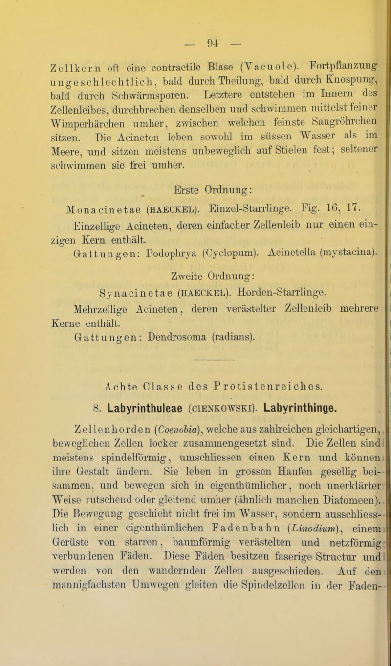 Zellkern oft eine contractile Blase (Vaciiole). Fortpflanzung ungeschlechtlich, bald durch Theilung, bald durch Knospung, bald durch Schwärmsporen. Letztere entstehen im Innern des Zellenleibes, durchbrechen denselben und schwimmen mittelst feiner Wimperhärchen umher, zwischen welchen feinste Saugrohrchen sitzen. Die Acineten leben soAvohl im süssen Wasser als im Meere, und sitzen meistens unbeAveghch auf Stielen fest; seltener schwimmen sie frei umher. Erste Ordnung: Monacinetae (HAECKEL). Einzel-Starrlinge. Fig. 16, 17. Einzellige Acineten, deren einfacher Zellenleib nur einen ein- zigen Kern enthält. Gattungen: Podophrya (Oyclopum). Acinetella (mystacina). Zweite Ordnung: Synacinetae (HAECKEL). Horden-Stan'linge. Mehrzellige Acineten, deren verästelter Zellenleib mehrere Kerne enthält. Gattungen: Dendrosoma (radians). Achte Classe des P rotistenreiches. 8. Labyrinthuleae (cienkowski). Labyrinthinge. Zellenhorden {CoenoUa)^ welche aus zahlreichen gleichartigen,. beweglichen Zellen locker zusammengesetzt sind. Die Zellen sind: meistens spindelförmig, umschhessen einen Kern und könneni ihre Gestalt ändern. Sie leben in grossen Haufen gesellig bei-- sammen, und bewegen sich in eigenthümlicher, noch unerklärter; Weise rutschend oder gleitend umher (ähnlich manchen Diatomeen).. Die Bewegung geschieht nicht frei im Wasser, sondern ausschliess-- lich in einer eigenthümlichen Fadenbahn {TAnodium)^ einem Gerüste von starren, baumförmig verästelten und netzförmig: verbundenen Fäden. Diese Fäden besitzen faserige Structur undl werden von den wandernden Zellen ausgeschieden. Auf den mannigfachsten Umwegen gleiten die Spindelzellen in der Faden-