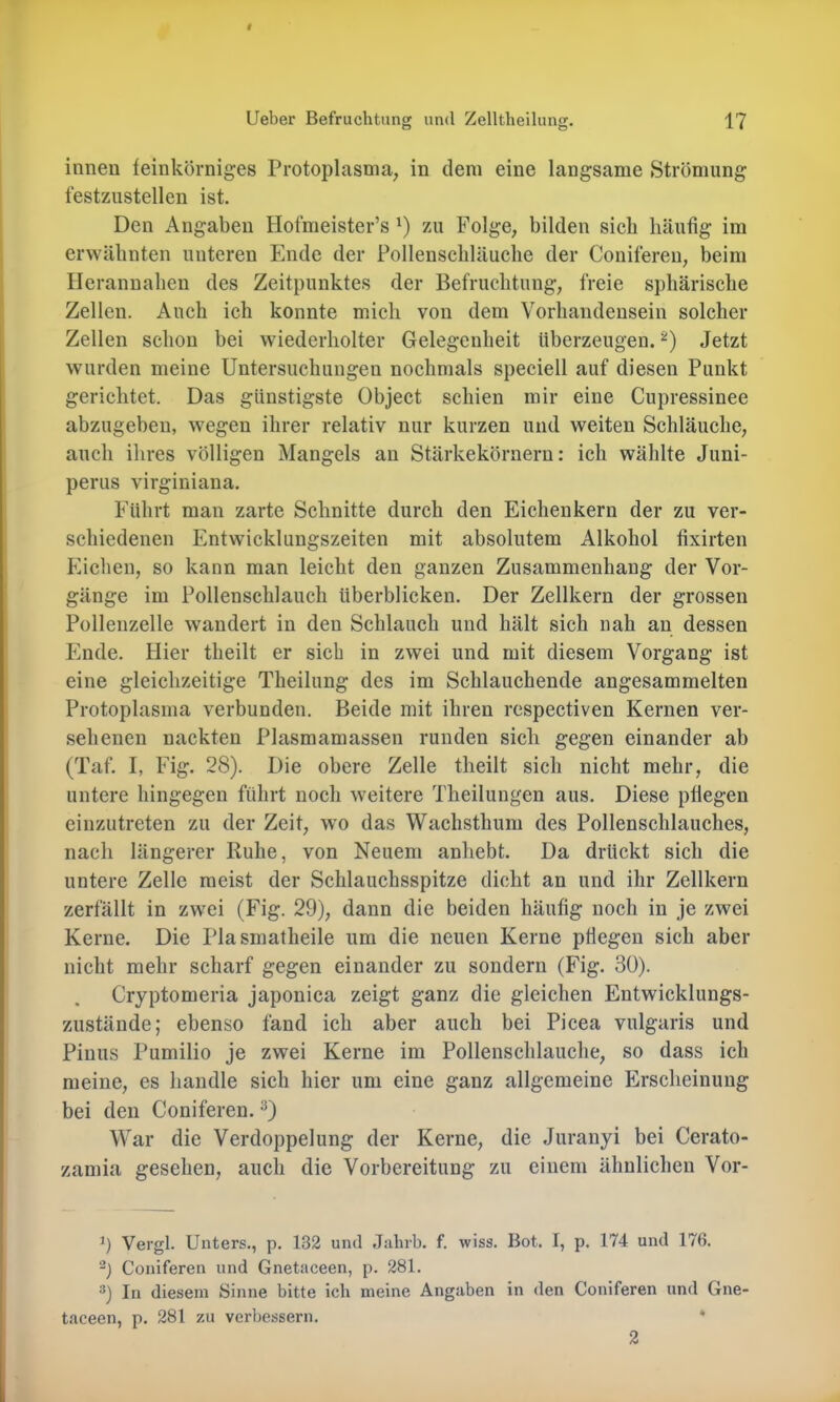 inneu feinkörniges Protoplasma, in dem eine langsame Strömung festzustellen ist. Den Angaben Hofmeister’s zu Folge, bilden sich häufig im erwähnten unteren Ende der Pollenschläuche der Coniferen, beim Herannahen des Zeitpunktes der Befruchtung, freie sphärische Zellen. Auch ich konnte mich von dem Vorhandensein solcher Zellen schon bei wiederholter Gelegenheit überzeugen. Jetzt wurden meine Untersuchungen nochmals speciell auf diesen Punkt gerichtet. Das günstigste Object schien mir eine Cupressinee abzugeben, wegen ihrer relativ nur kurzen und weiten Schläuche, auch ihres völligen Mangels au Stärkekörneru: ich wählte Juni- perus virginiana. Führt man zarte Schnitte durch den Eichenkern der zu ver- schiedenen Entwicklungszeiten mit absolutem Alkohol fixirten Eichen, so kann man leicht den ganzen Zusammenhang der Vor- gänge im Pollenschlauch überblicken. Der Zellkern der grossen Pollenzelle wandert in den Schlauch und hält sich nah an dessen Finde. Flier theilt er sich in zwei und mit diesem Vorgang ist eine gleichzeitige Theilung des im Schlauchende angesammelten Protoplasma verbunden. Beide mit ihren respectiven Kernen ver- sehenen nackten Plasmamassen runden sich gegen einander ab (Taf. I, Fig. 28). Die obere Zelle theilt sich nicht mehr, die untere hingegen führt noch weitere Theilungen aus. Diese pflegen einzutreten zu der Zeit, wo das Wachsthum des Pollenschlauches, nach längerer Ruhe, von Neuem anhebt. Da drückt sich die untere Zelle meist der Schlauchsspitze dicht an und ihr Zellkern zerfällt in zwei (Fig. 29), dann die beiden häufig noch in je zwei Kerne. Die Plasmatheile um die neuen Kerne pflegen sich aber nicht mehr scharf gegen einander zu sondern (Fig. 30). Cryptomeria japonica zeigt ganz die gleichen Entwicklungs- zustände; ebenso fand ich aber auch bei Picea vulgaris und Pinus Pumilio je zwei Kerne im Pollenschlauche, so dass ich meine, es handle sich hier um eine ganz allgemeine Fh’scheinung bei den Coniferen. War die Verdoppelung der Kerne, die Juranyi bei Cerato- zamia gesehen, auch die Vorbereitung zu einem ähnlichen Vor- h Vergl. Unters., p. 132 und Jahrb. f. wiss. Bot. I, p. 174 und 176. -) Coniferen und Gnetaceen, p. 281. In diesem Sinne bitte ich meine Angaben in den Coniferen und Gne taceen, p. 281 zu verbessern. * 2