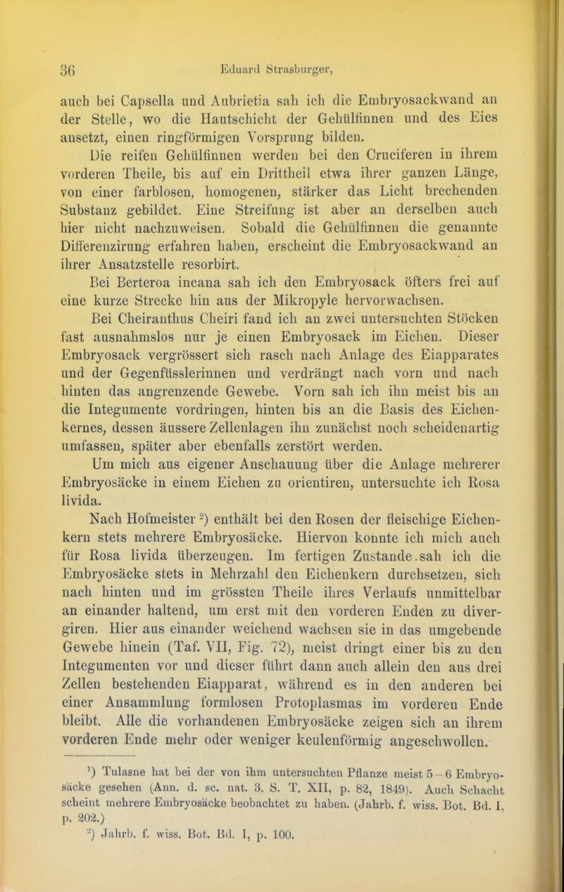 auch bei Capselia und Aubrietia sali ich die Embiyosackwand an der Stelle, wo die Hautschiclit der Gehiillinneu und des Eies ausetzt, eineu ringförmigen Vorsprung bilden. Die reifen Geliülfinnen werden bei den Cruciferen in ihrem vorderen Theile, bis auf ein Drittlieil etwa ihrer ganzen Länge, von einer farblosen, homogenen, stärker das Licht brechenden Substanz gebildet. Eine Streifung ist aber au derselben auch hier nicht nachzuweisen. Sobald die Gehülfinneu die genannte Differenzirung erfahren haben, erscheint die Embiyosackwand an ihrer Ausatzstelle resorbirt. Bei Berteroa incana sah ich den Embiyosack öfters frei auf eine kurze Strecke hin aus der Mikropyle hervorwachsen. Bei Cheirauthus Cheiri fand ich an zwei untersuchten Stöcken fast ausnahmslos nur je einen Embryosack im Eichen. Dieser Embryosack vergrössert sich rasch nach Anlage des Eiapparates und der Gegenfüsslerinnen und verdrängt nach vorn und nach hinten das angrenzende Gewebe. Vorn sah ich ihn meist bis au die Integumente Vordringen, hinten bis an die Basis des Eichen- kernes, dessen äussere Zellenlagen ihn zunächst noch scheidenartig umfassen, später aber ebenfalls zerstört werden. Um mich aus eigener Anschauung über die Anlage mehrerer Embryosäcke in einem Eichen zu orieutiren, untersuchte ich Rosa livida. Nach Hofmeister enthält bei den Rosen der fleischige Eichen- kern stets mehrere Embryosäcke. Hiervon konnte ich mich auch für Rosa livida überzeugen. Im fertigen Zustande.sah ich die Embryosäcke stets in Mehrzahl den Eichenkern durchsetzen, sich nach hinten und im grössten Theile ihres Verlaufs unmittelbar an einander haltend, um erst mit den vorderen Enden zu diver- giren. Hier aus einander weichend wachsen sie in das umgebende Gewebe hinein (Taf. VH, Fig. 72), meist dringt einer bis zu den Integumenten vor und dieser führt daun auch allein den aus drei Zellen bestehenden Eiapparat, während es in den anderen bei einer Ansammlung formlosen Protoplasmas im vorderen Ende bleibt. Alle die vorhandenen Embryosäcke zeigen sich an ihrem vorderen Ende mehr oder weniger keulenförmig angeschwollen. *) Tulasne hat bei der von ihm untersuchten Pflanze meist 5-6 Erabryo- säcke gesehen (Änn. d. sc. nat. 3. S. T. XII, p. 82, 1849). Auch Schacht scheint mehrere Embryosäcke beobachtet zu haben. (Jahrb. f. wiss. Bot. Bd. 1, p. 202.) -) Jahrb. f. wiss. Hot. Hd. I, p. 100.