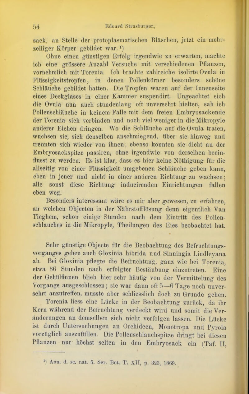 sack, an Stelle der protoplasmatisclien Bläschen, jetzt ein niclir- zelliger Körper gebildet war. i) Ohne einen günstigen Erfolg irgendwie zu erwarten, machte ich eine grössere Anzahl Versuche mit versehiedenen Pflanzen, vornehmlich mit Torenia. Ich brachte zahlreiche isolirte Ovula in Flüssigkeitstropfen, in denen Pollenkörner besonders schöne Schläuche gebildet hatten. Die Tropfen waren auf der Innenseite eines Deckglases in einer Kammer suspendirt. Ungeachtet sich die Ovula nun auch stundenlang oft unversehrt hielten, sah ich Pollenschläuche in keinem Falle mit dem freien Embryosaekendc der Torenia sich verbinden und noch viel weniger in die Mikropyle anderer Eichen dringen. Wo die Schläuche auf die Ovula trafen, wuchsen sie, sich denselben anschmiegend, über sie hinweg und trennten sich wieder von ihnen; ebenso konnten sie dicht an der Embryosackspitze passiren, ohne irgendwie von derselben beein- flusst zu werden. Es ist klar, dass es hier keine Nöthigung für die allseitig von einer Flüssigkeit umgebenen Schläuche geben kann, eben in jener und nicht in einer anderen Richtung zu wachsen; alle sonst diese Richtung inducirenden Einrichtungen fallen eben weg. Besonders interessant wäre es mir aber gewesen, zu erfahren, an welchen Objeeten in der Nährstotflösung denn eigentlich Van Tieghem, schon einige Stunden nach dem Eintritt des Pollen- schlauches in die Mikropyle, Theilungen des Eies beobachtet hat. Sehr günstige Objecte für die Beobachtung des Befruchtungs- vorganges geben auch Gloxinia hibrida und Sinningia Lindleyana ab. Bei Gloxinia pflegte die Befruchtung, ganz wie bei Torenia, etwa Stunden nach erfolgter Bestäubung einzutreten. Eine der Gehülfinnen blieb hier sehr häufig von der Vermittelung des Vorgangs ausgeschlossen ; sie war dann oft 5—6 Tage noeh unver- sehrt anzutreffen, musste aber schliesslich doch zu Grunde gehen. Torenia Hess eine Lücke in der Beobaehtung zurüek, da ihr Kern während der Befruchtung verdeckt wird und somit die Ver- änderungen an demselben sich nicht verfolgen lassen. Die Lücke ist durch Untersuchungen an Orchideen, Monotropa und Pyrola vorzüglich auszufüllen. Die Pollenschlauchspitze dringt bei diesen Pflanzen nur höchst selten in den Embryosack ein (Taf. 11, h Ann. d. sc. nat. 5. Ser. Bot. T. XII, p. 323, 1869.