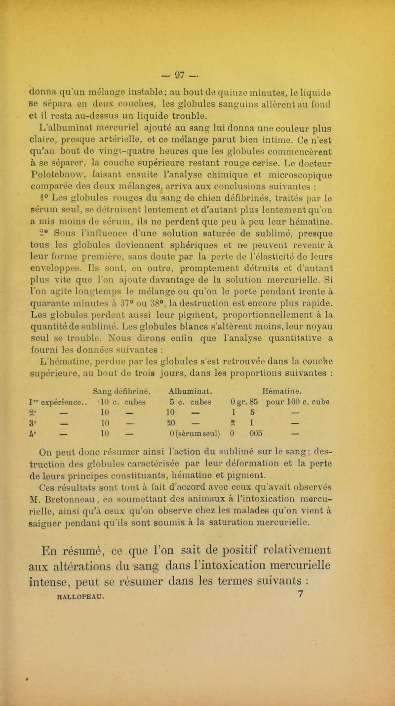 donna qu'un mélange instable; au bout de quinze minutes, le liquide se sépara en deux couches, les globules sanguins allèrent au fond et il resta au-dessus un liquide trouble. L'albuminat mercuriel ajouté au sang lui donna une couleur plus claire, presque artérielle, et ce mélange parut bien intime. Ce n'est qu'au bout de vingl-quatre heures que les globules commencèrent à se séparer, la couche supérieure restant rouge cerise. Le docteur Polotebnow, faisant ensuite l'analyse chimique et microscopique comparée des deux mélanges, arriva aux conclusions suivantes : 1° Les globules rouges du sang de chien défibrinés, traités par le sérum seul, se détruisent lentement et d'autant plus lentement qu'on a mis moins de sérum, ils ne perdent que peu à peu leur hématine. 2* Sous l'intluence d'une solution saturée de sublimé, presque tous les globules deviennent sphériques et ne peuvent revenir à leur forme première, sans doute par la perte de l'élasticité de leurs enveloppes. Ils sont, en outre, promptement détruits et d'autant plus vite que l'on ajoute davantage de la solution mercuriellc. Si l'on agite longtemps le mélange ou qu'on le porte pendant trente à quarante minutes à 37° ou 38°, la destruction est encore plus rapide. Les globules perdent aussi leur pigmônt, proportionnellement à la quanti té de sublimé. Les globules blancs s'altèrent moins, leur noyau seul se trouble. Nous dirons enfin que l'analyse quantitative a fourni les données suivantes : L'hématine, perdue par les globules s'est retrouvée dans la couche supérieure, au bout de trois jours, dans les proportions suivantes : Sang défîbriné. Albuminat. Hématine. Inexpérience.. 10 c. cubes 5 c. cubes Ogr. 85 pour 100 c. cube 2= — 10 — 10 — 15 — 3' — 10 — 20 — 2 1 — l, — 10 _ 0 (sérum seul) 0 005 — On peut donc résumer ainsi l'action du sublimé sur le sang; des- truction des globules caractérisée par leur déformation et la perte de leurs principes constituants, hématine et pigment. Ces résultats sont tout à lait d'accord avec ceux qu'avait observés M. Bretonneau, en soumettant des animaux à l'intoxication mercu- riclle, ainsi qu'à ceux qu'on observe chez les malades qu'on vient à saigner pendant qu'ils sont soumis à la saturation mercuriellc. En résumé, ce que l'on sait de positif relativement aux altérations du sang dans l'intoxication mercuriellc intense, peut se résumer dans les termes suivants : HALLOPEAU. 7