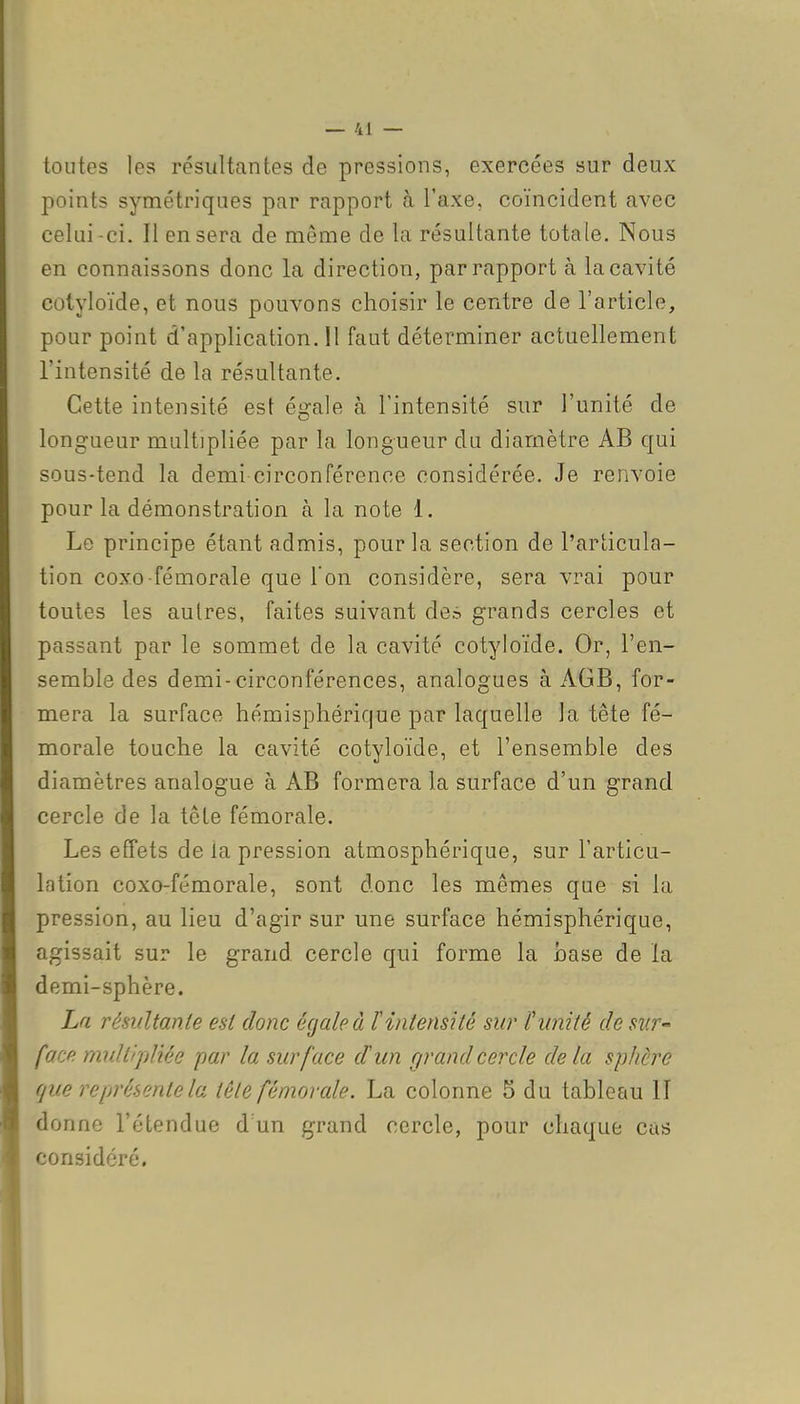 toutes les résultantes de pressions, exercées sur deux points symétriques par rapport à l'axe, coïncident avec celui ci. Il en sera de même de la résultante totale. Nous en connaissons donc la direction, par rapport à la cavité cotyloïde, et nous pouvons choisir le centre de l'article, pour point d'application. Il faut déterminer actuellement l'intensité de la résultante. Cette intensité est égale à l'intensité sur l'unité de longueur multipliée par la longueur du diamètre AB qui sous-tend la demi circonférence considérée. Je renvoie pour la démonstration à la note 1. Le principe étant admis, pour la section de l'articula- tion coxo-fémorale que l'on considère, sera vrai pour toutes les autres, faites suivant de» grands cercles et passant par le sommet de la cavité cotyloïde. Or, l'en- semble des demi-circonférences, analogues à AGB, for- mera la surface hémisphérique par laquelle la tête fé- morale touche la cavité cotyloïde, et l'ensemble des diamètres analogue à AB formera la surface d'un grand cercle de la tête fémorale. Les effets de ia pression atmosphérique, sur l'articu- lation coxo-fémorale, sont donc les mêmes que si la pression, au lieu d'agir sur une surface hémisphérique, agissait sur le grand cercle qui forme la hase de la demi-sphère. La résultante est donc égale à rintensité sur Cunité de .<?wr- face multipliée par la surface d'un grand cercle de la sphère gue représente la tête fémorale. La colonne 5 du tableau II donne l'étendue d'un grand cercle, pour chaque cas considéré.