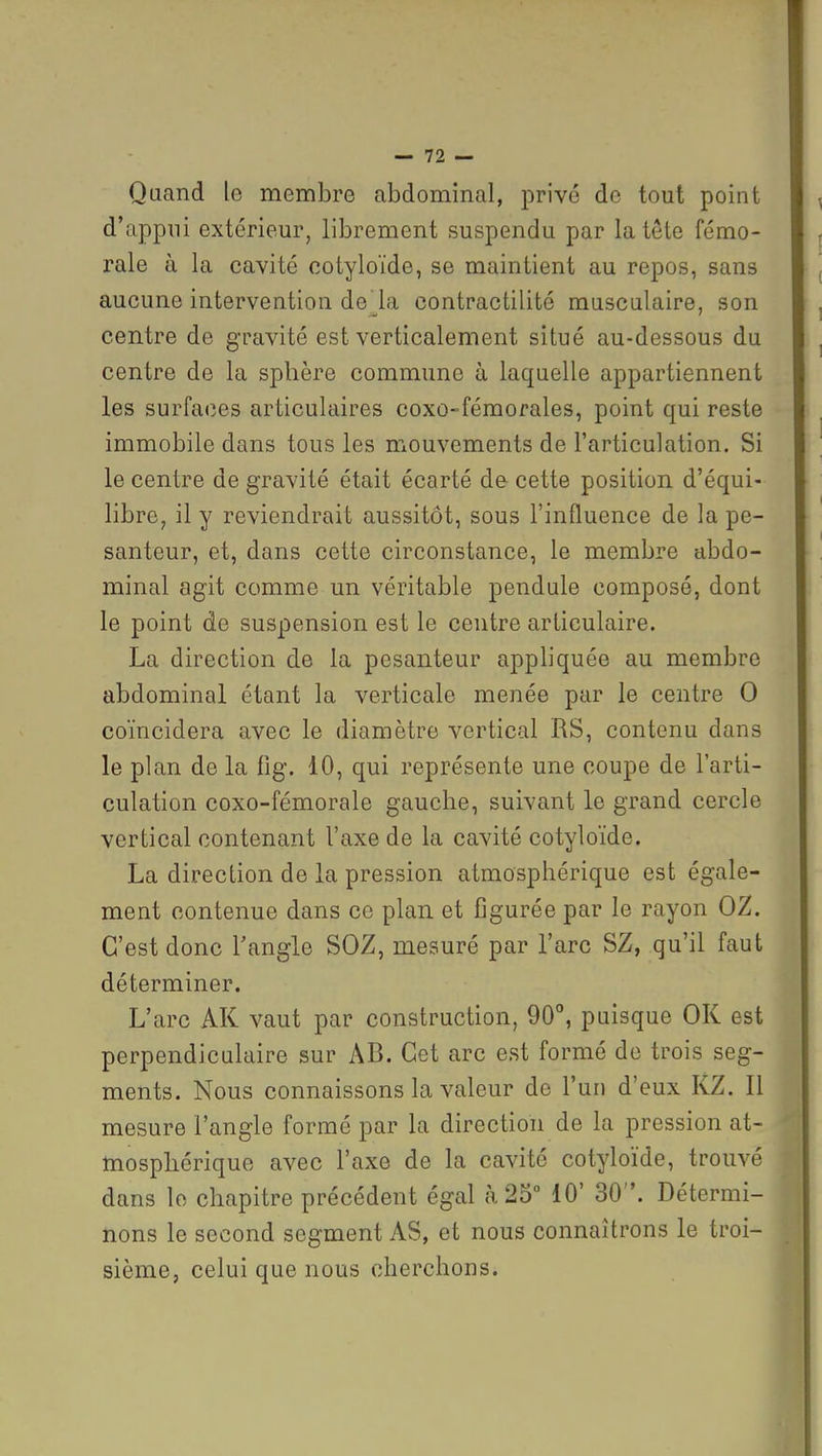 Quand le membre abdominal, privé de tout point d'appui extérieur, librement suspendu par latete fémo- rale à la cavité cotyloïde, se maintient au repos, sans aucune intervention de là contractilité musculaire, son centre de gravité est verticalement situé au-dessous du centre de la sphère commune à laquelle appartiennent les surfaces articulaires coxo-fémorales, point qui reste immobile dans tous les niouvements de l'articulation. Si le centre de gravité était écarté de cette position d'équi- libre, il y reviendrait aussitôt, sous l'influence de la pe- santeur, et, dans cette circonstance, le membre abdo- minal agit comme un véritable pendule composé, dont le point de suspension est le centre articulaire. La direction de la pesanteur appliquée au membre abdominal étant la verticale menée par le centre 0 coïncidera avec le diamètre vertical RS, contenu dans le plan de la fig. 10, qui représente une coupe de l'arti- culation coxo-fémorale gauche, suivant le grand cercle vertical contenant l'axe de la cavité cotyloïde. La direction de la pression atmosphérique est égale- ment contenue dans ce plan et figurée par le rayon OZ. C'est donc Tangle SOZ, mesuré par l'arc SZ, qu'il faut déterminer. L'arc AK vaut par construction, 90, puisque OK est perpendiculaire sur AB. Cet arc est formé de trois seg- ments. Nous connaissons la valeur de l'un d'eux KZ. Il mesure l'angle formé par la direction de la pression at- mosphérique avec l'axe de la cavité cotyloïde, trouvé dans le chapitre précédent égal {125 10' 30. Détermi- nons le second segment AS, et nous connaîtrons le troi- sième, celui que nous cherchons.