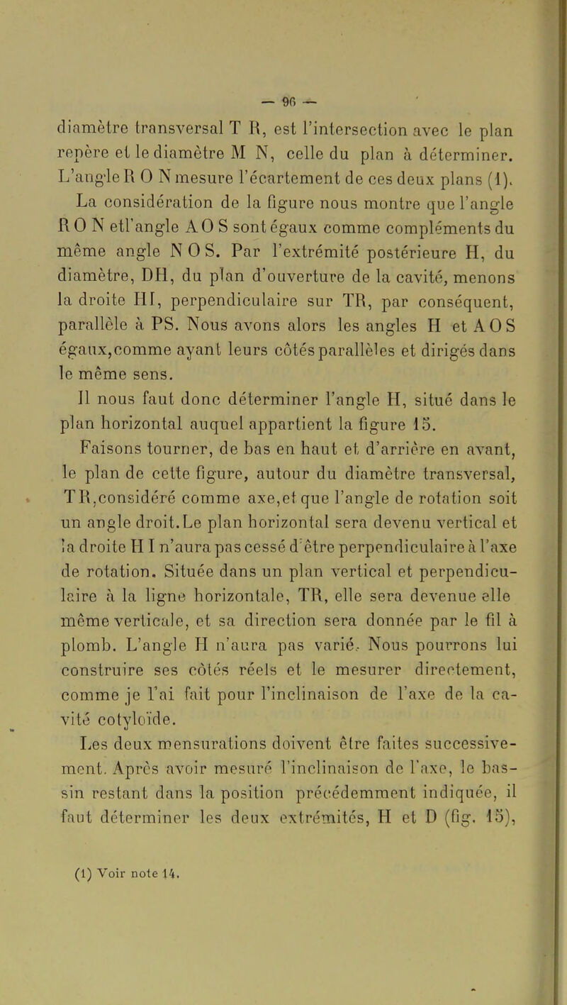 diamètre transversal T R, est l'intersection avec le plan repère et le diamètre M N, celle du plan à déterminer. L'ang'le R 0 N mesure l'écartement de ces deux plans (1)> La considération de la figure nous montre que l'angle RO N etr angle AO S sont égaux comme compléments du même angle NOS. Par l'extrémité postérieure H, du diamètre, DH, du plan d'ouverture de la cavité, menons la droite HI, perpendiculaire sur TR, par conséquent, parallèle à PS. Nous avons alors les angles H et AOS égaux,comme ayant leurs côtés parallèles et dirigés dans le même sens. Il nous faut donc déterminer l'angle H, situé dans le plan horizontal auquel appartient la figure 15. Faisons tourner, de bas en haut et d'arrière en avant, le plan de cette figure, autour du diamètre transversal, TR,considéré comme axe,et que l'angle de rotation soit un angle droit.Le plan horizontal sera devenu vertical et la droite H I n'aura pas cessé d'être perpendiculaire à l'axe de rotation. Située dans un plan vertical et perpendicu- laire à la ligne horizontale, TR, elle sera devenue elle même verticale, et sa direction sera donnée par le fil à plomb. L'angle H n'aura pas varié.- Nous pourrons lui construire ses côtés réels et le mesurer directement, comme je l'ai fait pour l'inclinaison de l'axe de la ca- vité cotyloïde. Les deux mensurations doivent être faites successive- ment. Après avoir mesuré l'inclinaison de l'axe, le bas- sin restant dans la position précédemment indiquée, il faut déterminer les deux extrémités, H et D (fig. 15),