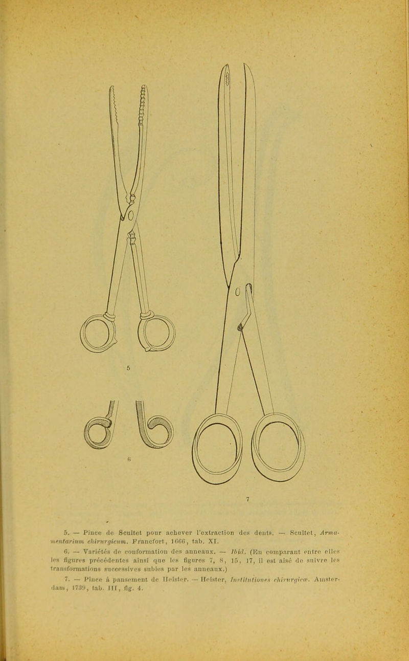 5. — Pince de Sciiltet pour achever l'oxlrnction des cients. — Scultot, Arvxi mtntarium chirnrgicum. Francfort, HiliO, tal). XI. G. — Variété» de conformation dfis anneaux. — Ibkl. (Ru comparant ciitrn clic le» fif^nrcs précédontCR ainsi que Ioh figiircB 7, S, lô, 17, il est aisé <!(> suivre le transformations sneofSHivc» sul>i(!R par les anneaux.) 7. — Hince u pnnsrTnent de Hcister. — Ilelster, hinHIntionm rliintriili-w. Anisler dam, n.?!!, tab. IH, fiff. .1.