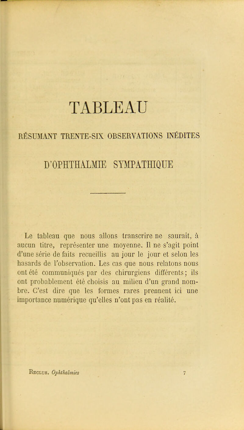 TABLEAU RÉSUMANT TRENTE-SIX ORSERVATIONS INÉDITES D'OPHTHALMIE SYMPATHIQUE Le tableau que nous allons transcrire ne saurait, à aucun titre, représenter une moyenne. Il ne s'agit point d'une série de faits recueillis au jour le jour et selon les hasards de Tobservation. Les cas que nous relatons nous ont été communiqués par des chirurgiens différents ; ils ont probablement été choisis au milieu d'un grand nom- bre. C'est dire que les formes rares prennent ici une importance numérique qu'elles n'ont pas en réalité. Reclus. Oj/hthalmies
