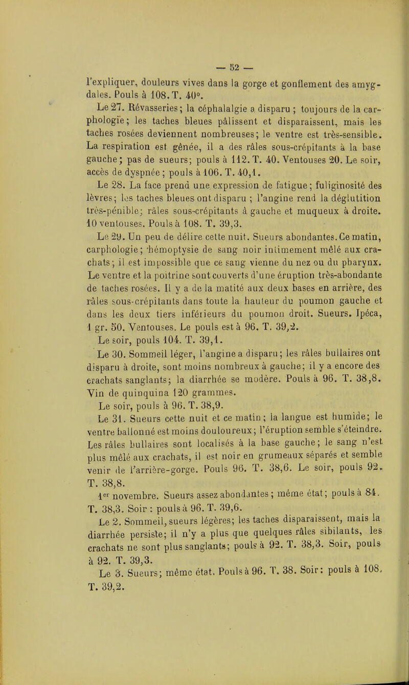 l'expliquer, douleurs vives dans la gorge et gonflement des amyg- dales. Pouls à 108. T. 40». Le 27. Rêvasseries; la céphalalgie a disparu ; toujours de la car- phologi'e; les taches bleues pâlissent et disparaissent, mais les taches rosées deviennent nombreuses; le ventre est très-sensible. La respiration est gênée, il a des râles sous-crépitants à la base gauche; pas de sueurs; pouls à 112. T. 40. Ventouses 20. Le soir, accès de dyspnée ; pouls à 106. T. 40,1. Le 28. La face prend une expression de fatigue; fuliginosité des lèvres; los taches bleues ont disparu ; l'angine rend la déglutition très-pénible; râles sous-crépitants à gauche et muqueux à droite. 10 ventouses. Pouls à 108. T. 39,3. Le 2y, Un peu de délire cette nuit. Sueurs abondantes. Ce matin, carphologie; •hémoptysie de sang noir intimement mêlé aux cra- chats; il est impossible que ce sang vienne du nez ou du pharynx. Le ventre et la poitrine sont couverts d'une éruption très-abondante de taches rosées. 11 y a de la matité aux deux bases en arrière, des râles ious-crépitauts dans toute la hauteur du poumon gauche et dans les deux tiers inférieurs du poumon droit. Sueurs. Ipéca, 1 gr. 50. Ventouses. Le pouls est à 96. T. 39,-2. Le soir, pouls 104. T. 39,1. Le 30. Sommeil léger, l'angine a disparu; les râles bullaires ont disparu à droite, sont moins nombreux à gauche; il y a encore des crachats sanglants; la diarrhée se modère. Pouls à 96. T. 38,8. Vin de quinquina 120 grammes. Le soir, pouls à 96. T. 38,9. Le 31. Sueurs cette nuit et ce matin; la langue est humide; le ventre ballonné est moins douloureux ; l'éruption semble s'éteindre. Les râles bullaires sont localisés à la base gauche; le sang n'est plus mêlé aux crachats, il est noir en grumeaux séparés et semble venir .le l'arrière-gorge. Pouls 96. T. 38,6. Le soir, pouls 92. T. 38,8. lor novembre. Sueurs assez abondantes ; même état; pouls à 84. T. 38,3. Soir : pouls à 96. T. 39,6. Le 2. Sommeil, sueurs légères; les taches disparaissent, mais la diarrhée persiste; il n'y a plus que quelques râles sibilants, les crachats ne sont plus sanglants; pouls à 92. T. 38,3. Soir, pouls à 92. T. 39,3. Le 3. Sueurs; même état. Pouls à 96. T. 38. Soir: pouls à 108, T. 39,2.