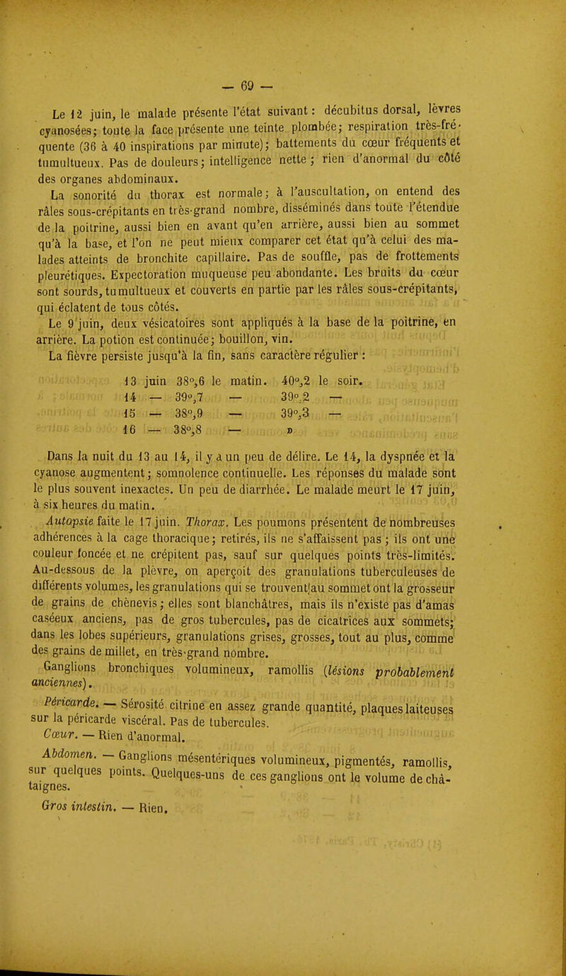 Le 12 juin, le malade présente l'état suivant: décubitus dorsal, lèvres cyanosées; toute la face présente une teinte plombée; respiration très-fré- quente (36 à 40 inspirations par minute); battements du cœur fréquents et tumultueux. Pas de douleurs ; intelligence nette; rien d'anormal du côté des organes abdominaux. La sonorité du thorax est normale; à l'auscultation, on entend des râles sous-crépitants en très-grand nombre, disséminés dans toute l'étendue de la poitrine, aussi bien en avant qu'en arrière, aussi bien au sommet qu'à la base, et l'on ne peut mieux comparer cet état qu'à celui des ma- lades atteints de bronchite capillaire. Pas de souffle, pas de frottements pleurétiques. Expectoration muqueuse peu abondante. Les bruits du cœur sont sourds, tumultueux et couverts en partie par les râles sous-crépitants, qui éclatent de tous côtés. Le 9'juin, deux vésicatoires sont appliqués à la base delà poitrine, en arrière. La potion est continuée; bouillon, vin. ' La fièvre persiste jusqu'à la fin, sans caractère régulier : 13 juin 38°,6 le matin. 40°,2 le soir. 14 — 390,7 — 39°, 2 — 15 — 38°,9 — 390,3 — 16 — 38o,8 — » Dans Ja nuit du 13 au 14, il y d un peu de délire. Le 14, la dyspnée et la cyanose augmentent; somnolence continuelle. Les réponses du malade sont le plus souvent inexactes. Un peu de diarrhée. Le malade meurt le 17 juin, à six heures du malin. Autopsie faite le 17 juin. Thorax. Les poumons présentent de nombreuses adhérences à la cage thoracique; retirés, ils ne s'affaissent pas ; ils ont une couleur foncée et ne crépitent pas, sauf sur quelques points très-limités. Au-dessous de la plèvre, on aperçoit des granulations tuberculeuses de différents volumes, les granulations qui se trouventlau sommet ont la grosseur de grains de chènevis ; elles sont blanchâtres, mais ils n'existe pas d'amas caséeux anciens, pas de gros tubercules, pas de cicatrices aux sommets; dans les lobes supérieurs, granulations grises, grosses, tout au plus, comme des grains de millet, en très-grand nombre. Ganglions bronchiques volumineux, ramollis {lésions probablement anciennes). Péricarde. — Sérosité cilrine en assez grande quantité, plaques laiteuses sur la péricarde viscéral. Pas de tubercules. Cœur. — Rien d'anormal. Abdomen. ~ Ganglions mésentériques volumineux, pigmentés, ramollis, sur quelques points. Quelques-uns de ces ganglions ont le volume dechà- taignes. Gros intestin. — Rien.