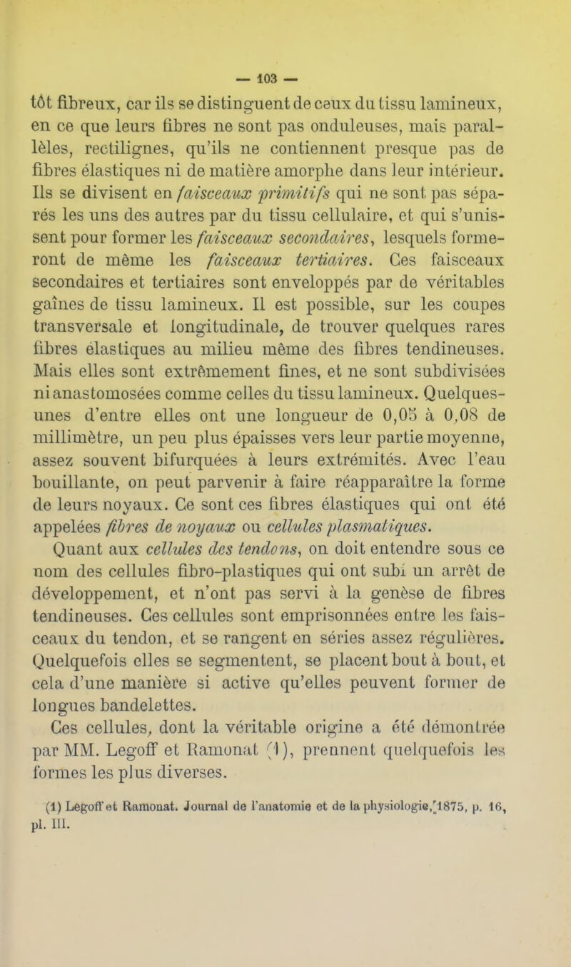 t6t fibreiix, car ils se distinguent deceux du tissu lamineiix, en ce que leurs fibres ne sont pas onduleuses, mais paral- Ihles, rectilignes, qu'ils ne contiennent presque pas de fibres elastiques ni de mati^re amorphe dans leur interieur. lis se divisent en faisceaux primitifs qui ne sont, pas sepa- res les uns des autres par du tissu cellulaire, et qui s'unis- sent pour former les faisceaux secondares, lesquels forme- ront de meme les faisceaux tertiaires. Ges faisceaux secondaires et tertiaires sont enveloppes par de veritables gaines de tissu lamineux. II est possible, sur les coupes transversale et iongitudinale, de trouver quelques rares fibres elastiques au milieu meme des fibres tendineuses. Mais elles sont extremement fines, et ne sont subdivisees nianastomosees comme celles du tissu lamineux. Quelques- unes d'entre elles ont une longueur de 0,05 a 0,08 de millimetre, un peu plus epaisses vers leur partiemoyenne, assez souvent bifurquees a leurs extremites. Avec I'eau bouillante, on pent parvenir a faire reapparailre la forme de leurs noyaux. Ce sont ces fibres elastiques qui ont ete appelees fibres de 7ioyaux ou cellules plasmatiques. Quant aux cellules des tendons, on doit entendre sous ce nom des cellules fibro-plastiques qui ont subi un arret de developpement, et n'ont pas servi a la gen5se de fibres tendineuses. Ges cellules sont emprisonnees entre les fais- ceaux du tendon, et se rangent en series assez regulieres. Quelquefois elles se segmentent, se placentbout a bout, et cela d'une mani6re si active qu'elles peuvent foruier de loiigues bandelettes. Ges cellules, dont la veritable origine a ete demon tree par MM. LegofF et RamunaL ; )), prennont quelquefois les formes les plus diverses. (1) Legofi'et Ramouat. Jouraal de Tanatomie et de la phy3iologie,[1875, p. 16, pi. 111.