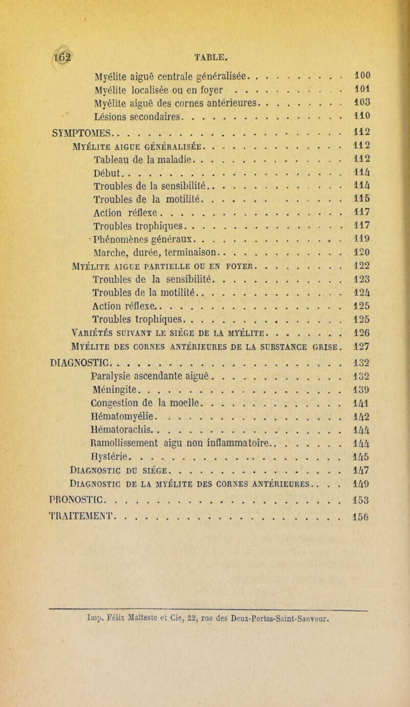 10 TABLE. My^lite aigue cenlrale g6n6ralis6e 100 My61ite localisSe ou en foyer 101 My61ile aigue des cornes ant^rieures 103 Lesions secondaires 110 SYMPTOMES 112 Myelite aigue generalis^e 112 Tableau de la maladie 112 D6but 11^ Troubles de la sensibility ll/i Troubles de la motilile 115 Action reflexe 117 Troubles trophiques 117 • Ph6nom^!nes g^neraux 119 Marche, dur6e, terminaison 120 Myelite aigde partielle ou en foyer 122 Troubles de la sensibility 123 Troubles de la motility llh Action reflexe 125 Troubles trophiques 125 Variet^s suivant le siege de la myelite 126 Myelite des cornes anterieures de la substance grise . 127 DIAGNOSTIC 132 Paralysie ascendante aigue 132 Meningite 139 Congestion de la moelle lUl nymatomyyiie IU2 Hematoracliis ihU Ramollissement aigu non inflammatoire lliU Hysteric l/i5 Diagnostic du siege lZi7 Diagnostic de la my'elite des cornes anterieures. . . . l/i9 PRONOSTIC 153 TRAITEMEINT 156 Imp. Felii Malteste et Cie, 22, rue des Deiu-Portes-Saint-Sauveur.
