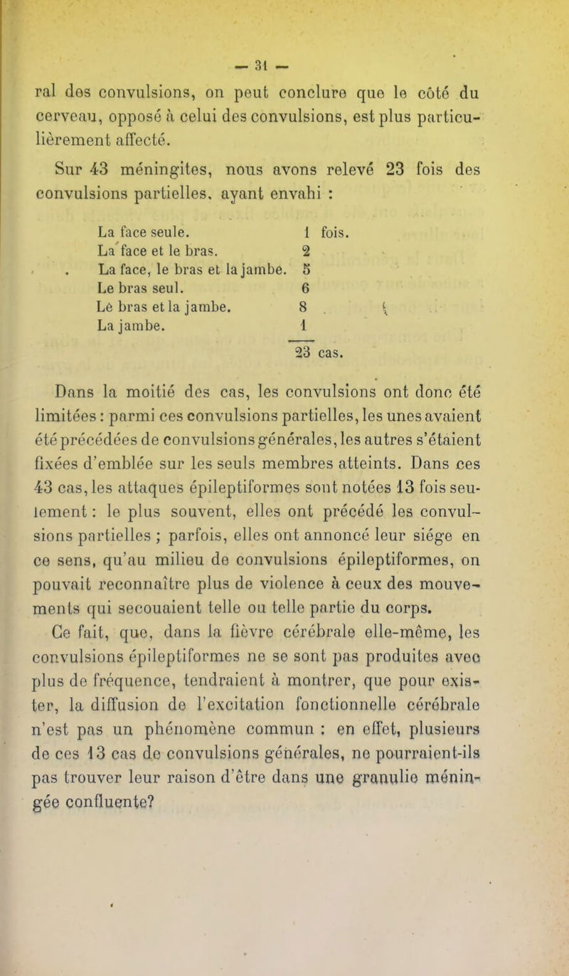 ral des convulsions, on pent concluro que le cote du cerveau, oppose a celui des convulsions, est plus particu- lierement affecte. Sur 43 meningites, nous avons releve 23 fois des convulsions partielles, ayant envahi : La face seule. 1 fois. La'face et le bras. 2 La face, le bras et la jainbe. 5 Le bras seul. 6 L6 bras et la jambe. 8 Lajambe. 1 23 cas. Dans la moitie des cas, les convulsions ont done ete limitees: parmi ces convulsions partielles, les unes avaient eteprecedees de convulsionsgenerales, les autres s'etaient fixees d'emblee sur les seuls membres atteints. Dans ces 43 cas, les attaques epileptiformos sont notees 13 fois seu- lement: le plus souvent, elles ont precede les convul- sions partielles ; parfois, elles ont annoncc leur siege en ce sens, qu'au milieu de convulsions epileptiformos, on pouvait reconnaitro plus de violence a ceux des mouve- ments qui secouaient telle ou telle partie du corps. Ge fait, que, dans la fievre cerebrate elle-meme, les convulsions epileptiformes ne se sont pas produites aveo plus de frequence, tendraient a montrer, que pour oxis- ter, la diffusion de I'excitation fonctionnelle cerobrale n'est pas un phenomene commun : en effet, plusieurs de ces 13 cas do convulsions generales, ne pourraient-ils pas trouver leur raison d'etre dans une granulio menin^ gee confluente?
