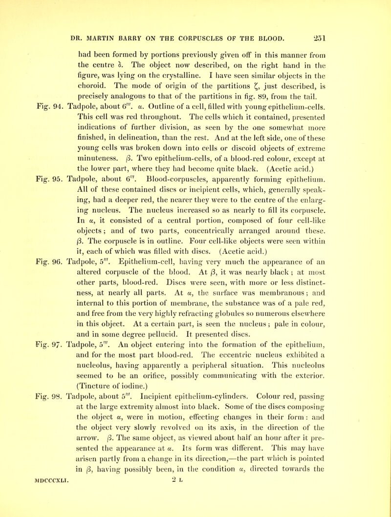 had been formed by portions previously given off in this manner from the centre S. The object now described, on the right hand in the figure, was lying on the crystalline. I have seen similar objects in the choroid. The mode of origin of the partitions just described, is precisely analogous to that of the partitions in fig. 89, from the tail. Fig. 94. Tadpole, about 6'. a. Outline of a cell, filled with young epithelium-cells. This cell was red throughout. The cells which it contained, presented indications of further division, as seen by the one somewhat more finished, in delineation, than the rest. And at the left side, one of these young cells was broken down into cells or discoid objects of extreme minuteness. (3. Two epithelium-cells, of a blood-red colour, except at the lower part, where they had become quite black. (Acetic acid.) Fig. 95. Tadpole, about 6'. Blood-corpuscles, apparently forming epithelium. All of these contained discs or incipient cells, which, generally speak- ing, had a deeper red, the nearer they were to the centre of the enlarg- ing nucleus. The nucleus increased so as nearly to fill its corpuscle. In «, it consisted of a central portion, composed of four cell-like objects; and of two parts, concentrically arranged around these. j3. The corpuscle is in outline. Four cell-like objects were seen within it, each of which was filled with discs. (Acetic acid.) Fig. 96. Tadpole, 5'. Epithelium-cell, having very much the appearance of an altered corpuscle of the blood. At (3, it was nearly black ; at most other parts, blood-red. Discs were seen, with more or less distinct- ness, at nearly all parts. At a, the surface was membranous; and internal to this portion of membrane, the substance was of a pale red, and free from the very highly refracting globules so numerous elsewhere in this object. At a certain part, is seen the nucleus; pale in colour, and in some degree pellucid. It presented discs. Fig. 97. Tadpole, 5'. An object entering into the formation of the epithelium, and for the most part blood-red. The eccentric nucleus exhibited a nucleolus, having apparently a peripheral situation. This nucleolus seemed to be an orifice, possibly communicating with the exterior. (Tincture of iodine.) Fig. 98. Tadpole, about 5'. Incipient epithelium-cylinders. Colour red, passing at the large extremity almost into black. Some of the discs composing the object a, were in motion, effecting changes in their form: and the object very slowly revolved on its axis, in the direction of the arrow. (3. The same object, as viewed about half an hour after it pre- sented the appearance at «. Its form was different. This may have arisen partly from a change in its direction,—the part which is pointed in j3, having possibly been, in the condition «, directed towards the 2 L MDCCCXLI.