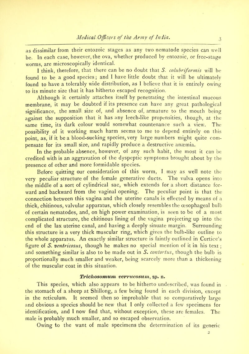 as dissimilar from their entozoic stages as any two nematode species can well be. In each case, however, the ova, whether produced by entozoic, or free-stage worms, are microscopically identical. I think, therefore, that there can be no doubt that S. colubriformis will be found to be a good species; and I have little doubt that it will be ultimately found to have a tolerably wide distribution, as I believe that it is entirely owing to its minute size that it has hitherto escaped recognition. Although it certainly attaches itself by penetrating the intestinal mucous membrane, it may be doubted if its presence can have any great pathological significance, the small size of, and absence of, armature to the mouth being against the supposition that it has any leech-like propensities, though, at the same time, its dark colour would somewhat countenance such a view. The possibility of it working much harm seems to me to depend entirely on this point, as, if it be a blood-sucking species, very large numbers might quite com- pensate for jts small size, and rapidly produce a destructive anaemia. In the probable absence, however, of any such habit, the most it can be credited with is an aggravation of the dyspeptic symptoms brought about by the presence of other and more formidable species. Before quitting our consideration of this worm, I may as well note the very peculiar structure of the female generative ducts. The vulva opens into the middle of a sort of cylindrical sac, which extends for a short distance for- ward and backward from the vaginal opening. The peculiar point is that the connection between this vagina and the uterine canals is effected by means of a thick, chitinous, valvular apparatus, which closely resembles the oesophageal bulb of certain nematodes, and, on high power examination, is seen to be of a most complicated structure, the chitinous lining of the vagina projecting up into the end of the lax uterine canal, and having a deeply sinuate margin. Surrounding this structure is a very thick muscular ring, which gives the bulb-like outline to the whole apparatus. An exactly similar structure is faintly outlined in Curtice’s figure of S. ventricosus, though he makes no special mention of it in his text; and something similar is also to be made out in S. contortus, though the bulb is proportionally much smaller and weaker, being scarcely more than a thickening of the muscular coat in this situation. Trichosomum verrucosum, sp. n. This species, which also appears to be hitherto undescribed, was found in the stomach of a sheep at Shillong, a few being found in each division, except in the reticulum. It seemed then so improbable that so comparatively large and obvious a species should be new that I only collected a few specimens for identification, and I now find that, without exception, these are females. The male is probably much smaller, and so escaped observation. Owing to the want of male specimens the determination of its generic 2