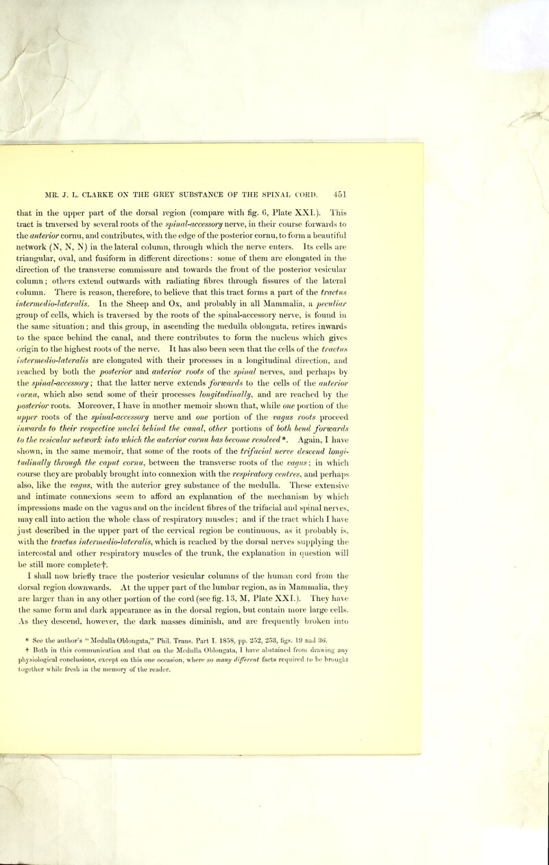 that in the upper part of the dorsal region (compare with fig. G, Plate XXL). This tract is traversed by several roots of the spinal-accessory nerve, in their course forwards to the anterior cornu, and contributes, with the edge of the posterior cornu, to form a beautiful network (N, N, N) in the lateral column, through which the nerve enters. Its cells are triangular, oral, and fusiform in different directions: some of them are elongated in the dii-ection of the transverse commissure and towards the front of the posterior vesicular column; others extend outwards with radiating fibres through fissures of the lateral column. There is reason, therefore, to believe that this tract forms a part of the tractns intermedio-lateralis. In the Sheep and Ox, and probably in all Mammalia, a ])ec\iliar group of ceils, which is traversed by the roots of the spinal-accessory nerve, is found in the same situation; and this group, in ascending the medulla oblongata, retires inwards to the space behind the canal, and there contributes to form the nucleus which gives origin to the highest roots of the nerve. It has also been seen that the cells of the tractus intermedio-lateralis are elongated with their processes in a longitudinal direction, and reached by both the posterior and anterior roots of the spinal nerves, and perhaps by the spinal-accessory; that the latter nerve extends forwards to the cells of the anterior cormi^ wdiich also send some of their processes longitudinally, and are reached by the postenor roots. Moreover, I have in another memoir shown that, while one portion of the upper roots of the spinal-accessory nerve and one portion of the vagus roots proceed inwards to their respective nuelei behind the canal, other portions of both bend forwards to the vesicular network into which the anterior cornu has become resolved*. Again, I have shown, in the same memoir, that some of the roots of the trifacial nerve descend longi- tudinally through the caput cornu, between the transverse roots of the vagus; in which course they are probably brought into connexion with the respiratory centres, and perhaps also, like the vagus, with the anterior grey substance of the medulla. These extensive and intimate connexions seem to afford an explanation of the mechanism by whicli impressions made on the vagus and on the incident fibres of the trifacial and spinal nerA cs, may call into action the whole class of respiratory muscles; and if the tract which I haA e just described in the upper part of the cervical region be continuous, as it probably is, Avith the tractus intermedio-lateralis, which is reached by the dorsal nerves supplying the intercostal and other respiratory muscles of the trunk, the explanation in question Avil] be still more completef. I shall noAV briefly trace the posterior vesicular columns of the human cord from the dorsal region doAvnAvards. At the upper part of the lumbar region, as in Mammalia, they are larger than in any other portion of the cord (see fig. 13, M, Plate XXL ). They have the same form and dark appearance as in the dorsal region, but contain moie large cells. As they descend, hoAvever, the dark masses diminish, and are frequently broken into * See tlie author’s “ Medulla Oblongata,” Phil. Traus. Part I. 18-38, pp. 232, 233, tigs. 19 and 39. t Both in this communication and that on the Medulla Oblongata, I have abstained from drawing any physiological conclusions, except on this one occasion, where so many d'pferent facts required to be brought together while fresh in the memory of the reader.