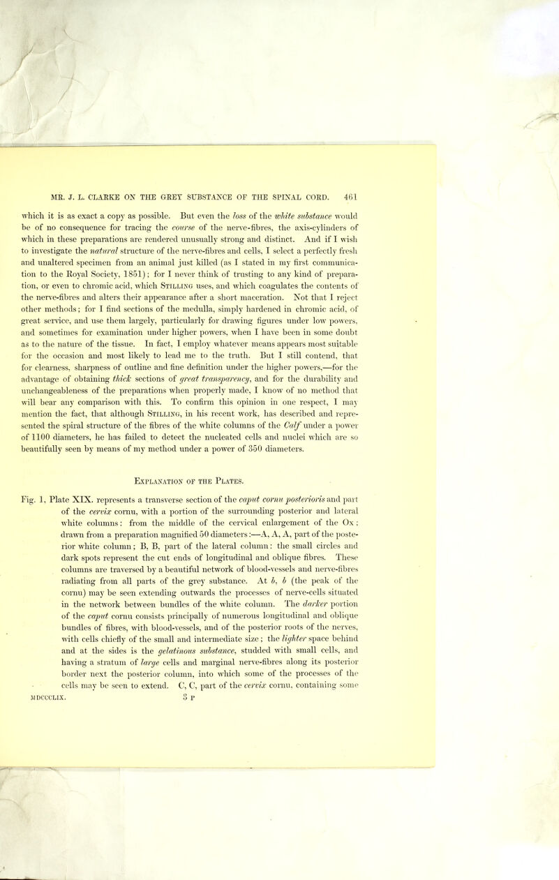 which it is as exact a copy as possible. But even the loss of the ivMte substance would be of no consequence for tracing the course of the nerve-fibres, the axis-cylinders of which in these preparations are rendered unusuall}' strong and distinct. And if I wish to investigate the natural structure of the nerve-fibres and cells, I select a perfectly fresh and unaltered specimen from an animal just killed (as I stated in my first communica- tion to the Eoyal Society, 1851); for I never think of trusting to any kind of prepara- tion, or even to chromic acid, which Stilling uses, and which coagulates the contents of the nerve-fibres and alters their appearance after a short maceration. Not that 1 reject other methods; for I find sections of the medulla, simply hardened in chromic acid, of great service, and use them largely, particularly for drawing figures under low powers, and sometimes for examination under higher powers, when I have been in some doubt as to the nature of the tissue. In fact, I employ whatever means appears most suitable for the occasion and most likely to lead me to the truth. But I still contend, that for clearness, sharpness of outline and fine definition under the higher powers,—for the advantage of obtaining tliiclc sections of great trcmsparency, and for the durabihty and unchangeableness of the preparations when properly made, I know of no method that will bear any comparison with this. To confirm this opinion in one respect, I may mention the fact, that although Stilling, in his recent work, has described and repre- sented the spiral structure of the fibres of the white columns of the Calf under a power of 1100 diameters, he has failed to detect the nucleated cells and nuclei which are so beautifully seen by means of my method under a power of 350 diameters. Explanation of the Plates. Fig. 1, Plate XIX. represents a transverse section of the caput cornu posterions part of the cm'vix cornu, with a portion of the surrounding posterior and lateral white columns: from the middle of the cervical enlargement of the Ox ; dra’vvn from a preparation magnified 50 diameters:—A, A, A, part of the poste- rior white column; B, B, part of the lateral column: the small circles and dark spots represent the cut ends of longitudinal and oblique fibres. These columns are traversed by a beautiful network of blood-vessels and nerve-fibres radiating from all parts of the grey substance. At h, h (the peak of the cornu) may be seen extending outwards the processes of nerve-cells situated in the network between bundles of the white column. The darker portion of the caput cornu consists principally of numerous longitudinal and oblique bundles of fibres, A^dtli blood-vessels, and of the posterior roots of the nerves, with cells chiefiy of the small and intermediate size ; the lighter space behind and at the sides is the gelatinous substance^ studded with small cells, and having a stratum of large cells and marginal nerve-fibres along its posterior border next the posterior column, into which some of the processes of the cells may be seen to extend. C, C, part of the cervix cornu, containing some JIDCCCLIX. o p