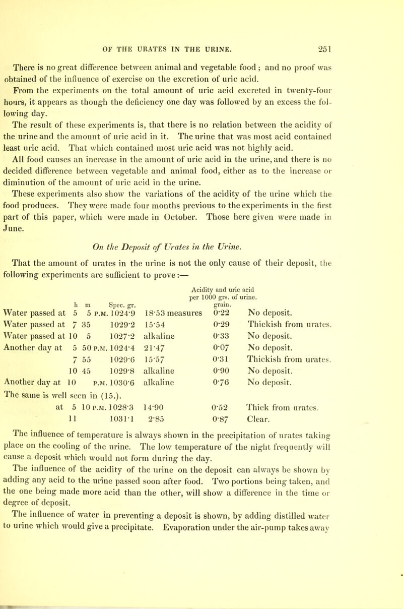 There is no great difference between animal and vegetable food ; and no proof was obtained of the influence of exercise on the excretion of uric acid. From the experiments on the total amount of uric acid excreted in twenty-four hours, it appears as though the deficiency one day was followed by an excess the fol- lowing day. The result of these experiments is, that there is no relation between the acidity of the urine and the amount of uric acid in it. The urine that was most acid contained least uric acid. That which contained most uric acid was not highly acid. All food causes an increase in the amount of uric acid in the urine, and there is no decided difference between vegetable and animal food, either as to the increase or diminution of the amount of uric acid in the urine. These experiments also show the variations of the acidity of the urine which the food produces. They were made four months previous to the experiments in the first part of this paper, which were made in October. Those here given were made in June. On the Deposit of Urates in the Urine. That the amount of urates in the urine is not the only cause of their deposit, the following experiments are sufficient to prove:— Acidity and uric acid per 1000 grs. of urine. h m Spec. gr. grain. No deposit. Water passed at 5 5 p.m. 1024*9 18*53 measures 0*22 Water passed at 7 35 1029*2 15*54 0*29 Thickish from urates. Water passed at 10 5 1027*2 alkaline 0*33 No deposit. Another day at 5 50 p.m. 1024*4 21*47 0*07 No deposit. 7 55 1029*6 15*57 0*31 Thickish from urates. 10 45 1029*8 alkaline 0*90 No deposit. Another day at 10 p.m. 1030*6 alkaline 0*76 No deposit. The same is well seen in (15.). at 5 10 p.m. 1028*3 14*90 0*52 Thick from urates. 11 1031*1 2*85 0*87 Clear. The influence of temperature is always shown in the precipitation of urates taking place on the cooling of the urine. The low temperature of the night frequently will cause a deposit which would not form during the day. The influence of the acidity of the urine on the deposit can always be shown by adding any acid to the urine passed soon after food. Two portions being taken, and the one being made more acid than the other, will show a difference in the time or degree of deposit. The influence of water in preventing a deposit is shown, by adding distilled water to urine which would give a precipitate. Evaporation under the air-pump takes away