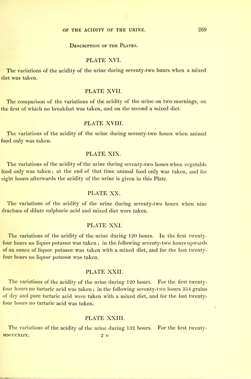 Description of the Plates. PLATE XVI. The variations of the acidity of the urine during seventy-two hours when a mixed diet was taken. PLATE XVII. The comparison of the variations of the acidity of the urine on two mornings, on the first of which no breakfast was taken, and on the second a mixed diet. PLATE XVIII. The variations of the acidity of the urine during seventy-two hours when animal food only was taken. PLATE XIX. The variations of the acidity of the urine during seventy-two hours when vegetable food only was taken; at the end of that time animal food only was taken, and for eight hours afterwards the acidity of the urine is given in this Plate. PLATE XX. The variations of the acidity of the urine during seventy-two hours when nine drachms of dilute sulphuric acid and mixed diet were taken. PLATE XXL The variations of the acidity of the urine during 120 hours. In the first twenty- four hours no liquor potassse was taken ; in the following seventy-two hours upwards of an ounce of liquor potassse was taken with a mixed diet, and for the last twenty- four hours no liquor potassse was taken. PLATE XXII. The variations of the acidity of the urine during 120 hours. For the first twenty- four hours no tartaric acid was taken ; in the following seventy-two hours 354 grains of dry and pure tartaric acid were taken with a mixed diet, and for the last twenty- four hours no tartaric acid was taken. PLATE XXIII. The variations of the acidity of the urine during 132 hours. For the first twenty- MDCCCXLIX. 2 N