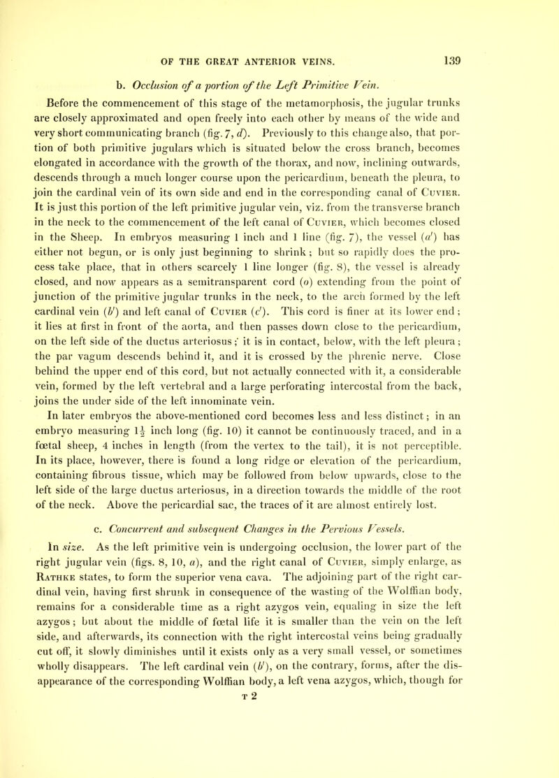 b. Occlusion of a 'portion of the Left Primitive Vein. Before the commencement of this stage of the metamorphosis, the jugular trunks are closely approximated and open freely into each other by means of the wide and very short communicating branch (fig. 7, d). Previously to this change also, that por- tion of both primitive jugulars which is situated below the cross branch, becomes elongated in accordance with the growth of the thorax, and now, inclining outwards, descends through a much longer course upon the pericardium, beneath the pleura, to join the cardinal vein of its own side and end in the corresponding canal of Cuvier. It is just this portion of the left primitive jugular vein, viz. from the transverse branch in the neck to the commencement of the left canal of Cuvier, which becomes closed in the Sheep. In embryos measuring 1 inch and 1 line (fig. 7), the vessel (a1) has either not begun, or is only just beginning to shrink; but so rapidly does the pro- cess take place, that in others scarcely 1 line longer (fig. 8), the vessel is already closed, and now appears as a semitransparent cord (o) extending from the point of junction of the primitive jugular trunks in the neck, to the arch formed by the left cardinal vein (b') and left canal of Cuvier (c'). This cord is finer at its lower end ; it lies at first in front of the aorta, and then passes down close to the pericardium, on the left side of the ductus arteriosusit is in contact, below, with the left pleura; the par vagum descends behind it, and it is crossed by the phrenic nerve. Close behind the upper end of this cord, but not actually connected with it, a considerable vein, formed by the left vertebral and a large perforating intercostal from the back, joins the under side of the left innominate vein. In later embryos the above-mentioned cord becomes less and less distinct; in an embryo measuring lj inch long (fig. 10) it cannot be continuously traced, and in a foetal sheep, 4 inches in length (from the vertex to the tail), it is not perceptible. In its place, however, there is found a long ridge or elevation of the pericardium, containing fibrous tissue, which may be followed from below upwards, close to the left side of the large ductus arteriosus, in a direction towards the middle of the root of the neck. Above the pericardial sac, the traces of it are almost entirely lost. c. Concurrent and subsequent Changes in the Pervious Vessels. In size. As the left primitive vein is undergoing occlusion, the lower part of the right jugular vein (figs. 8, 10, a), and the right canal of Cuvier, simply enlarge, as Rathke states, to form the superior vena cava. The adjoining part of the right car- dinal vein, having first shrunk in consequence of the wasting of the Wolffian body, remains for a considerable time as a right azygos vein, equaling in size the left azygos; but about the middle of foetal life it is smaller than the vein on the left side, and afterwards, its connection with the right intercostal veins being gradually cut off, it slowly diminishes until it exists only as a very small vessel, or sometimes wholly disappears. The left cardinal vein (b'), on the contrary, forms, after the dis- appearance of the corresponding Wolffian body, a left vena azygos, which, though for t 2