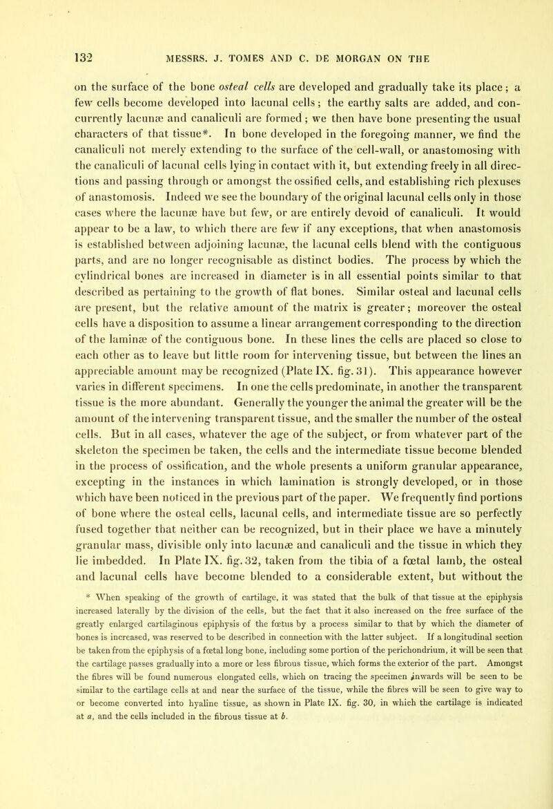 on the surface of the bone osteal cells are developed and gradually take its place; a few cells become developed into lacunal cells; the earthy salts are added, and con- currently lacunae and canaliculi are formed; we then have bone presenting the usual characters of that tissue*. In bone developed in the foregoing manner, we find the canaliculi not merely extending to the surface of the cell-wall, or anastomosing with the canaliculi of lacunal cells lying in contact with it, but extending freely in all direc- tions and passing through or amongst the ossified cells, and establishing rich plexuses of anastomosis. Indeed we see the boundary of the original lacunal cells only in those cases where the lacunae have but few, or are entirely devoid of canaliculi. It would appear to be a law, to which there are few if any exceptions, that when anastomosis is established between adjoining lacunae, the lacunal cells blend with the contiguous parts, and are no longer recognisable as distinct bodies. The process by which the cylindrical bones are increased in diameter is in all essential points similar to that described as pertaining to the growth of flat bones. Similar osteal and lacunal cells are present, but the relative amount of the matrix is greater; moreover the osteal cells have a disposition to assume a linear arrangement corresponding to the direction of the laminse of the contiguous bone. In these lines the cells are placed so close to each other as to leave but little room for intervening tissue, but between the lines an appreciable amount may be recognized (Plate IX. fig. 31). This appearance however varies in different specimens. In one the cells predominate, in another the transparent tissue is the more abundant. Generally the younger the animal the greater will be the amount of the intervening transparent tissue, and the smaller the number of the osteal cells. But in all cases, whatever the age of the subject, or from whatever part of the skeleton the specimen be taken, the cells and the intermediate tissue become blended in the process of ossification, and the whole presents a uniform granular appearance, excepting in the instances in which lamination is strongly developed, or in those which have been noticed in the previous part of the paper. We frequently find portions of bone where the osteal cells, lacunal cells, and intermediate tissue are so perfectly fused together that neither can be recognized, but in their place we have a minutely granular mass, divisible only into lacunae and canaliculi and the tissue in which they lie imbedded. In Plate IX. fig. 32, taken from the tibia of a foetal lamb, the osteal and lacunal cells have become blended to a considerable extent, but without the * When speaking of the growth of cartilage, it was stated that the bulk of that tissue at the epiphysis increased laterally by the division of the cells, but the fact that it also increased on the free surface of the greatly enlarged cartilaginous epiphysis of the fcetus by a process similar to that by which the diameter of bones is increased, was reserved to be described in connection with the latter subject. If a longitudinal section be taken from the epiphysis of a foetal long bone, including some portion of the perichondrium, it will be seen that the cartilage passes gradually into a more or less fibrous tissue, which forms the exterior of the part. Amongst the fibres will be found numerous elongated cells, which on tracing the specimen inwards will be seen to be similar to the cartilage cells at and near the surface of the tissue, while the fibres will be seen to give way to or become converted into hyaline tissue, as shown in Plate IX. fig. 30, in which the cartilage is indicated at a, and the cells included in the fibrous tissue at b.