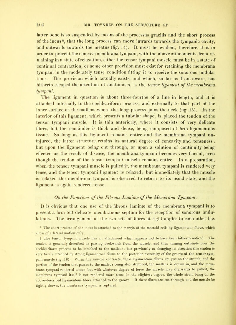 latter bone is so suspended by means of the processus gracilis and the short process of the incus*, that the long process can move inwards towards the tympanic cavity, and outwards towards the meatus (fig. 14). It must be evident, therefore, that in order to prevent the concave membrana tympani, with the above attachments, from re- maining in a state of relaxation, either the tensor tympani muscle must be in a state of continual contraction, or some other provision must exist for retaining the membrana tympani in the moderately tense condition fitting it to receive the sonorous undula- tions. The provision which actually exists, and which, so far as I am aware, has hitherto escaped the attention of anatomists, is the tensor ligament of the membrana tympani. The ligament in question is about three-fourths of a line in length, and it is attached internally to the cochleariform process, and externally to that part of the inner surface of the malleus where the long process joins the neck (fig. 15). In the interior of this ligament, which presents a tubular shape, is placed the tendon of the tensor tympani muscle. It is thin anteriorly, where it consists of very delicate fibres, but the remainder is thick and dense, being composed of firm ligamentous tissue. So long as this ligament remains entire and the membrana tympani un- injured, the latter structure retains its natural degree of concavity and tenseness; but upon the ligament being cut through, or upon a solution of continuity being effected as the result of disease, the membrana tympani becomes very flaccid, even though the tendon of the tensor tympani muscle remains entire. In a preparation, when the tensor tympani muscle is pulled-f-, the membrana tympani is rendered very tense, and the tensor tympani ligament is relaxed; but immediately that the muscle is relaxed the membrana tympani is observed to return to its usual state, and the ligament is again rendered tense. On the Functions of the Fibrous Lamince of the Membrana Tympani. It is obvious that one use of the fibrous laminse of the membrana tympani is to present a firm but delicate membranous septum for the reception of sonorous undu- lations. The arrangement of the two sets of fibres at right angles to each other has * The short process of the incus is attached to the margin of the mastoid cells by ligamentous fibres, which allow of a lateral motion only. f The tensor tympani muscle has an attachment which appears not to have been hitherto noticed. The tendon is generally described a3 passing backwards from the muscle, and then turning outwards over the cochleariform process to be attached to the malleus; but previously to changing its direction this tendon is very firmly attached by strong ligamentous tissue to the posterior extremity of the groove of the tensor tym- pani muscle (fig. 16). When the muscle contracts, these ligamentous fibres are put on the stretch, and the portion of the tendon that passes to the malleus being also stretched, the malleus is drawn in, and the mem- brana tympani rendered tense; but with whatever degree of force the muscle may afterwards be pulled, the membrana tympani itself is not rendered more tense in the slightest degree, the whole strain being on the above-described ligamentous fibres attached to the groove. If these fibres are cut through and the muscle be tightly drawn, the membrana tympani is ruptured.