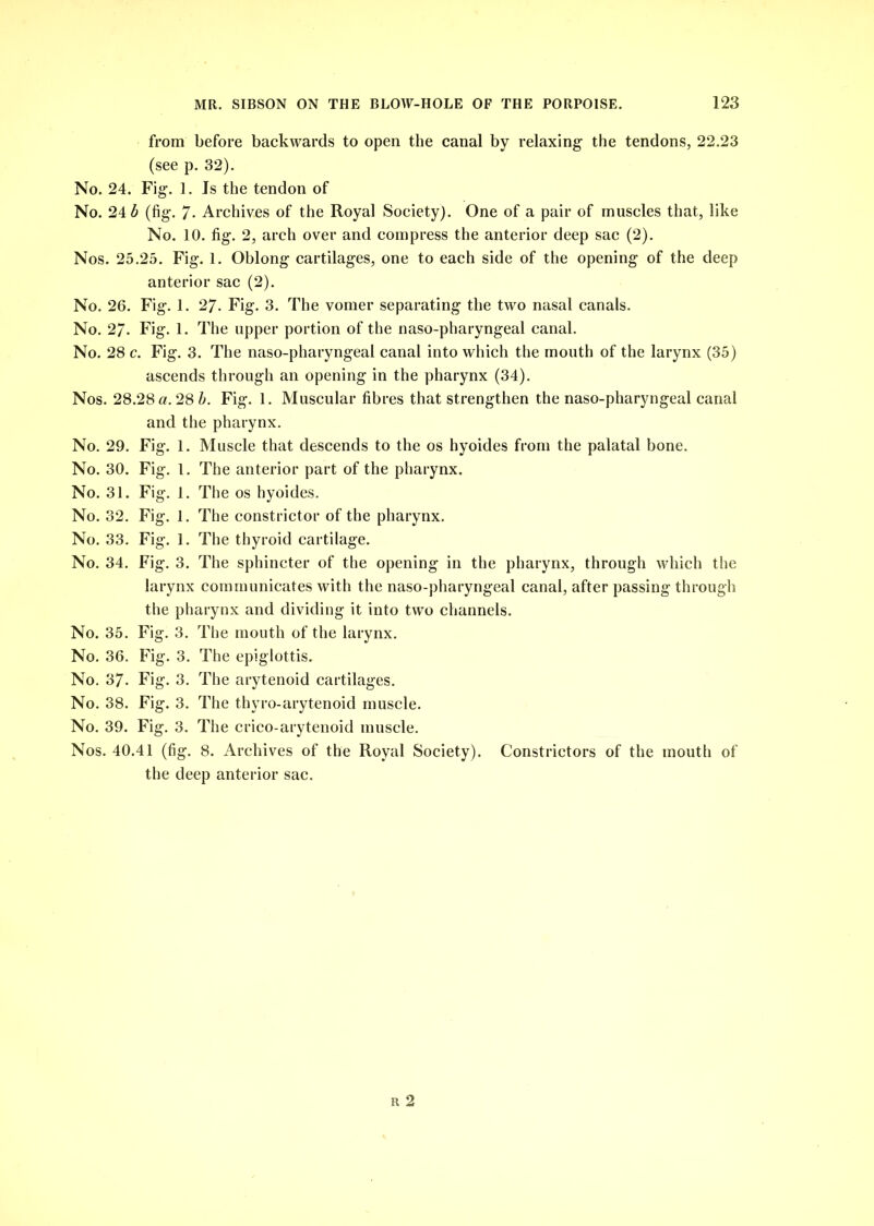 from before backwards to open the canal by relaxing the tendons, 22.23 (see p. 32). No. 24. Fig. 1. Is the tendon of No. 24 b (fig. 7- Archives of the Royal Society). One of a pair of muscles that, like No. 10. fig. 2, arch over and compress the anterior deep sac (2). Nos. 25.25. Fig. 1. Oblong cartilages, one to each side of the opening of the deep anterior sac (2). No. 26. Fig. 1. 27- Fig. 3. The vomer separating the two nasal canals. No. 27. Fig. 1. The upper portion of the naso-pharyngeal canal. No. 28 c. Fig. 3. The naso-pharyngeal canal into which the mouth of the larynx (35) ascends through an opening in the pharynx (34). Nos. 28.28 a. 28 6. Fig. 1. Muscular fibres that strengthen the naso-pharyngeal canal and the pharynx. No. 29. Fig. 1. Muscle that descends to the os hyoides from the palatal bone. No. 30. Fig. 1. The anterior part of the pharynx. No. 31. Fig. 1. The os hyoides. No. 32. Fig. 1. The constrictor of the pharynx. No. 33. Fig. 1. The thyroid cartilage. No. 34. Fig. 3. The sphincter of the opening in the pharynx, through which the larynx communicates with the naso-pharyngeal canal, after passing through the pharynx and dividing it into two channels. No. 35. Fig. 3. The mouth of the larynx. No. 36. Fig. 3. The epiglottis. No. 37. Fig. 3. The arytenoid cartilages. No. 38. Fig. 3. The thyro-arytenoid muscle. No. 39. Fig. 3. The crico-arytenoid muscle. Nos. 40.41 (fig. 8. Archives of the Royal Society). Constrictors of the mouth of the deep anterior sac.