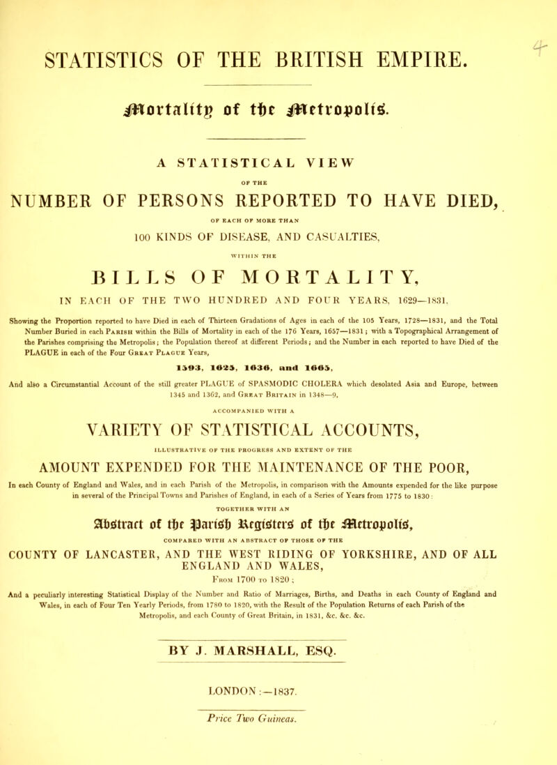 STATISTICS OF THE BRITISH EMPIRE. jWortalttg of tfcr jWetiopoliS. A STATISTICAL VIEW OF THE NUMBER OF PERSONS REPORTED TO HAVE DIED, OF EACH OF MORE THAN 100 KINDS OF DISEASE, AND CASUALTIES, WITHIN THE BILLS OF MORTALITY, IN EACH OF THE TWO HUNDRED AND FOUR YEARS, 1629—1831. Showing the Proportion reported to have Died in each of Thirteen Gradations of Ages in each of the 105 Years, 1728—1831, and the Total Number Buried in each Parish within the Bills of Mortality in each of the 176 Years, 1657—1831 ; with a Topographical Arrangement of the Parishes comprising the Metropolis; the Population thereof at different Periods; and the Number in each reported to have Died of the PLAGUE in each of the Four Great Plague Years, 1)03, ion, 1030, and 1005, And also a Circumstantial Account of the still greater PLAGUE of SPASMODIC CHOLERA which desolated Asia and Europe, between 1345 and 1362, and Great Britain in 1348—9, ACCOMPANIED WITH A VARIETY OF STATISTICAL ACCOUNTS, ILLUSTRATIVE OF THE PROGRESS AND EXTENT OF THE AMOUNT EXPENDED FOR THE MAINTENANCE OF THE POOR, In each County of England and Wales, and in each Parish of the Metropolis, in comparison with the Amounts expended for the like purpose in several of the Principal Towns and Parishes of England, in each of a Series of Years from 1775 to 1830: TOGETHER WITH AN attract of tie $arfcffj ftrgtdterd of tfje JHctropolte, COMPARED WITH AN ABSTRACT OF THOSE OF THE COUNTY OF LANCASTER, AND THE WEST RIDING OF YORKSHIRE, AND OF ALL ENGLAND AND WALES, From 1700 to 1820 ; And a peculiarly interesting Statistical Display of the Number and Ratio of Marriages, Births, and Deaths in each County of England and Wales, in each of Four Ten Yearly Periods, from 1780 to 1820, with the Result of the Population Returns of each Parish of the Metropolis, and each County of Great Britain, in 1831, &c. &c. &c. BY J MARSHALL, ESQ. LONDON 1837. Price Two Guineas.