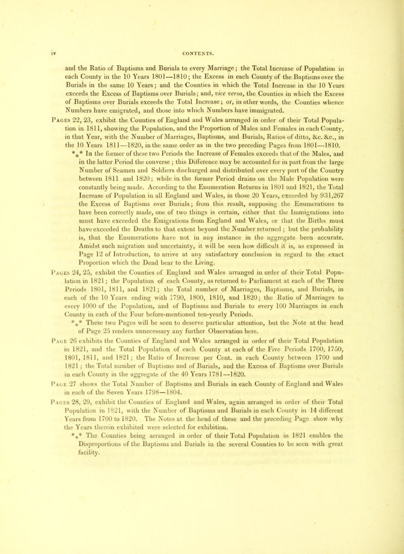 and the Ratio of Baptisms and Burials to every Marriage; the Total Increase of Population in each County in the 10 Years 1801—1810; the Excess in each County of the Baptisms over the Burials in the same 10 Years; and the Counties in which the Total Increase in the 10 Years exceeds the Excess of Baptisms over Burials; and, vice versa, the Counties in which the Excess of Baptisms over Burials exceeds the Total Increase; or, in other words, the Counties whence Numbers have emigrated, and those into which Numbers have immigrated. Pages 22, 23, exhibit the Counties of England and Wales arranged in order of their Total Popula- tion in 1811, showing the Population, and the Proportion of Males and Females in each County, in that Year, with the Number of Marriages, Baptisms, and Burials, Ratios of ditto, &c. &c., in the 10 Years 1811—1820, in the same order as in the two preceding Pages from 1801—1810. *## In the former of these two Periods the Increase of Females exceeds that of the Males, and in the latter Period the converse ; this Difference may be accounted for in part from the large Number of Seamen and Soldiers discharged and distributed over every part of the Country between 1811 and 1820; while in the former Period drains on the Male Population were constantly being made. According to the Enumeration Returns in 1801 and 1821, the Total Increase of Population in all England and Wales, in those 20 Years, exceeded by 931,267 the Excess of Baptisms over Burials; from this result, supposing the Enumerations to have been correctly made, one of two things is certain, either that the Immigrations into must have exceeded the Emigrations from England and Wales, or that the Births must have exceeded the Deaths to that extent beyond the Number returned ; but the probability is, that the Enumerations have not in any instance in the aggregate been accurate. Amidst such migration and uncertainty, it will be seen how difficult it is, as expressed in Page 12 of Introduction, to arrive at any satisfactory conclusion in regard to the exact Proportion which the Dead bear to the Living. Pages 24, 25, exhibit the Counties of England and Wales arranged in order of their Total Popu- lation in 1821; the Population of each County, as returned to Parliament at each of the Three Periods 1801, 1811, and 1821; the Total number of Marriages, Baptisms, and Burials, in each of the 10 Years ending with 1790, 1800, 1810, and 1820; the Ratio of Marriages to every 1000 of the Population, and of Baptisms and Burials to every 100 Marriages in each County in each of the Four before-mentioned ten-yearly Periods. These two Pages will be seen to deserve particular attention, but the Note at the head of Page 25 renders unnecessary any further Observation here. Page 26 exhibits the Counties of England and Wales arranged in order of their Total Population in 1821, and the Total Population of each County at each of the Five Periods 1700, 1750, 1801, 1811, and 1821; the Ratio of Increase per Cent, in each County between 1700 and 1821; the Total number of Baptisms and of Burials, and the Excess of Baptisms over Burials in each County in the aggregate of the 40 Years 1781—1820. Page 27 shows the Total Number of Baptisms and Burials in each County of England and Wales in each of the Seven Years 1798—1804. Pages 28, 29, exhibit the Counties of England and Wales, again arranged in order of their Total Population in 1821, with the Number of Baptisms and Burials in each County in 14 different Years from 1700 to 1820. The Notes at the head of these and the preceding Page show why the Years therein exhibited were selected for exhibition. The Counties being arranged in order of their Total Population in 1821 enables the Disproportions of the Baptisms and Burials in the several Counties to be seen with great facility.