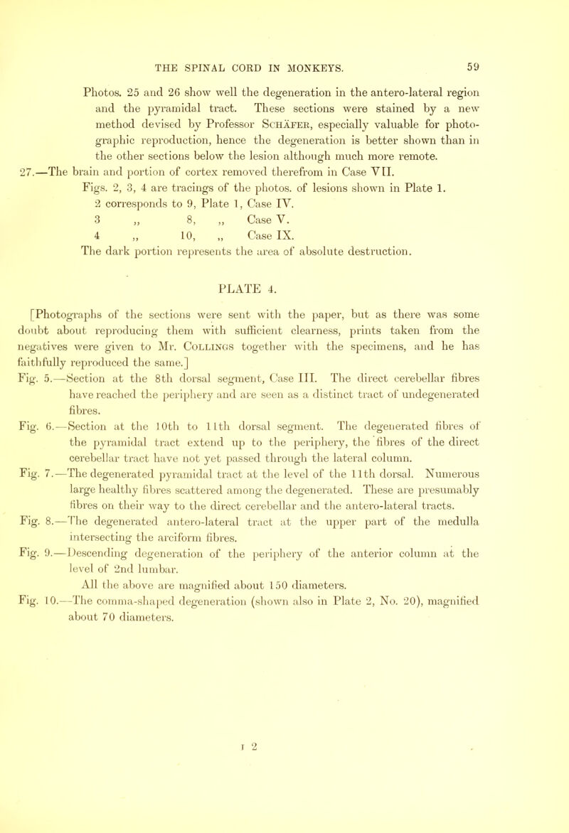 Photos. 25 and 26 show well the degeneration in the antero-lateral region and the pyramidal tract. These sections were stained by a new method devised by Professor Schafer, especially valuable for photo- graphic reproduction, hence the degeneration is better shown than in the other sections below the lesion although much more remote. 27.—The brain and portion of cortex removed therefrom in Case VII. Figs. 2, 3, 4 are tracings of the photos, of lesions shown in Plate 1. 2 corresponds to 9, Plate 1, Case lY. 3 ,, 8, ,, Case V. 4 ,, 10, ,, Case IX. The dark portion represents the area of absolute destruction. PLATE 4. [Photographs of the sections were sent with the paper, but as there was some doubt about reproducing them with sufficient clearness, prints taken from the negatives were given to Mr. Collings together with the specimens, and he has faitlifully rej)roduced the same.] Fig. 5.—Section at the 8th dorsal segment, Case III. The direct cerebellar fibres have reached the periphery and are seen as a distinct tract of undegenerated fibres. Fig. 6.—Section at the 10th to ILth dorsal segment. The degenerated fibres of the pyramidal tract extend up to the periphery, the fibres of the direct cerebellar tract have not yet passed through the lateral column. Fig. 7.—The degenerated pyramidal tract at the level of the 11th dorsal. Numerous large healthy fibres scattered among the degenerated. These are presumably fibres on their way to the direct cerebellar and the antero-lateral tracts. Fig. 8.—'fhe degenerated antero-latex'al tract at the upper part of the medulla intersecting the arciform fibres. Fig. 9.—Descending degeneration of the periphery of the anterior column at the level of 2nd lumbar. All the above are magnified about 150 diameters. Fig. 10.—The comma-shaped degeneration (shown also in Plate 2, No. 20), magnified about 70 diameters.