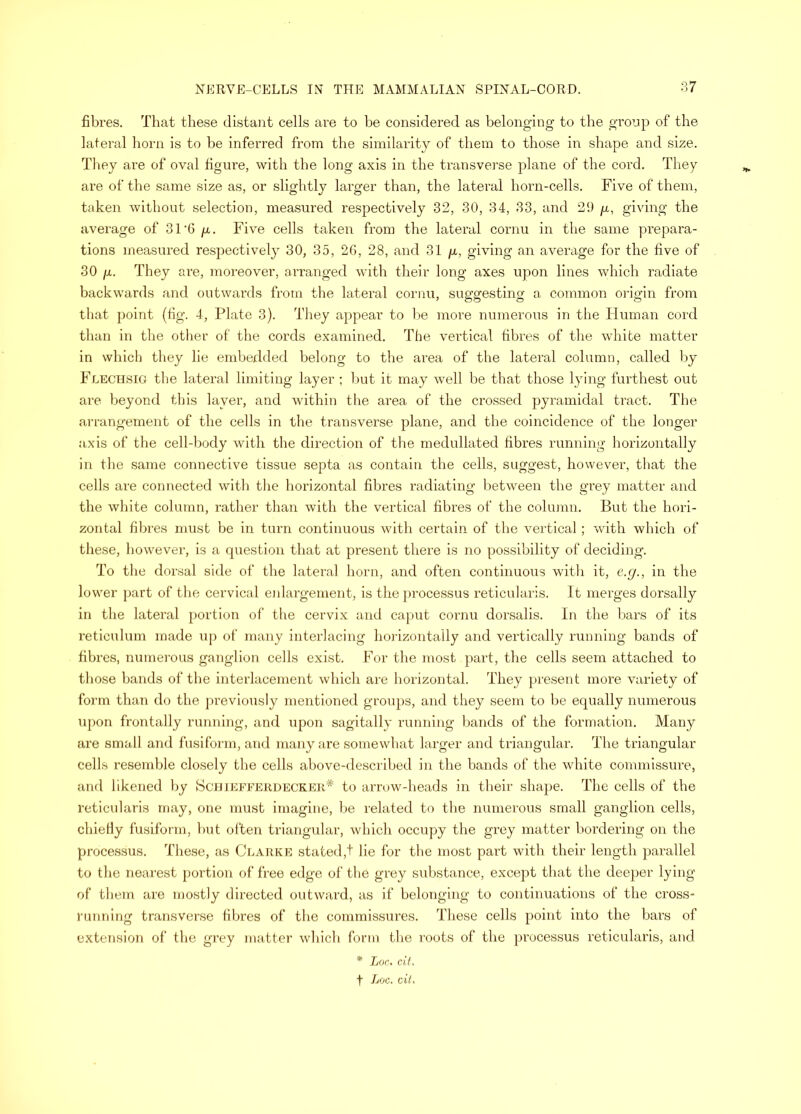 fibres. That these distant cells are to be considered as belonging to the group of the lateral horn is to be inferred from the similarity of them to those in shape and size. Tlipy are of oval figure, with the long axis in the transverse plane of the cord. They are of the same size as, or slightly larger than, the lateral horn-cells. Five of them, taken without selection, measured respectively 32, 30, 34, 33, and 29 p, giving the average of 31'6 p. Five cells taken from the lateral cornu in the same prepara- tions measured respectively 30, 35, 26, 28, and 31 p,, giving an average for the five of 30 [X. They are, moreover, arranged with their long axes upon lines which radiate backwards and outwards from the lateral cornu, suggesting a common oi’igin from that point (lig. 4, Plate 3). They appear to be more numerous in the Human cord than in the other of the cords examined. The vertical fibres of the white matter in which they lie embedded belong to the area of the lateral column, called by Flechsig tlie lateral limiting layer ; l)ut it may well be that those lying furthest out are beyond this layer, and within the area of the crossed pyramidal tract. The arrangement of the cells in the transverse plane, and the coincidence of the longer axis of the cell-body with the direction of the medullated fibres running horizontally in the same connective tissue septa as contain the cells, suggest, however, that the cells are connected with tlie horizontal fibres radiating lietween the grey matter and the white column, rather than with the vertical fibres of the cohnnn. But the hori- zontal fibres must be in turn continuous with certain of the vertical ; with which of these, however, is a question that at present there is no possibility of deciding. To the dorsal side of the lateral horn, and often continuous with it, e.g., in the lower part of the cervical eidargement, is the processus reticularis. It merges dorsally in the lateral portion of the cervix and caput cornu dorsalis. In the l)ars of its reticulum made up of many interlacing hoj-izontally and vertically running bands of fibres, numerous ganglion cells exist. For the most part, the cells seem attached to those bands of tbe interlacement which are horizontal. They present more variety of form than do the previously mentioned groups, and they seem to be equally numerous upon frontally running, and upon sagitally running bands of the formation. Many are small and fusiform, and many are somewhat larger and triangular. The triangular cells resemble closely the cells above-described in the bands of the white commissure, and likened by Scuiefferdeckeii* to arrow-heads in their shape. The cells of the reticularis tnay, one must imagine, be related to the numerous small ganglion cells, chiefly fusiform, but often triangular, which occupy the grey matter bordering on the processus. These, as Clarke stated,! lie for the most pai't with their length parallel to the nearest portion of free edge of‘ the grey substance, except that the dee})er lying of them are mostly directed outward, as if belonging to continuations of the cross- running transverse fibres of the commissures. These cells point into the bars of extension of the grey matter which form the roots of the processus reticularis, and * Lor. cit.