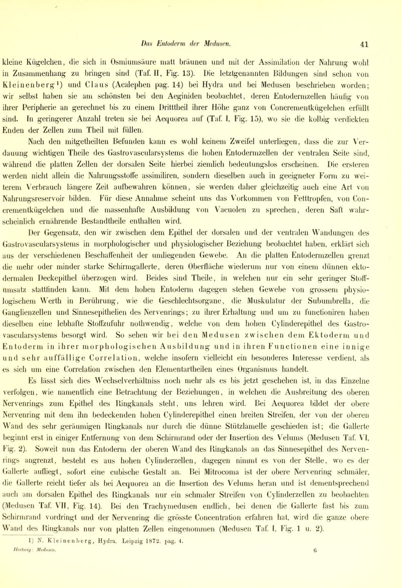 kleine Kügelchen, die sich in Osmiumsäure matt bräunen und mit der Assimilation der Nahrung wohl in Zusammenhang zu bringen sind (Taf. II, Fig. 13). Die letztgenannten Bildungen sind schon von Kleinenberg1) und Claus (Acalephen pag. 14) bei Hydra und bei Medusen beschrieben worden; wir selbst haben sie am schönsten bei den Aeginiden beobachtet, deren Entodermzellen häufig von ihrer Peripherie an gerechnet bis zu einem Dritttheil ihrer Höhe ganz von Concrementkügelchen erfüllt sind. In geringerer Anzahl treten sie bei Aequorea auf (Taf. I, Fig. 15), wo sie die kolbig verdickten Enden der Zellen zum Theil mit füllen. Nach den mitgetheilten Befunden kann es wohl keinem Zweifel unterliegen, dass die zur Ver- dauung wichtigen Theile des Gastrovascularsystems die hohen Entodermzellen der ventralen Seite sind, während die platten Zellen der dorsalen Seite hierbei ziemlich bedeutungslos erscheinen. Die ersteren werden nicht allein die Nahrungsstoffe assimiliren, sondern dieselben auch in geeigneter Form zu wei- terem Verbrauch längere Zeit aufbewahren können, sie werden daher gleichzeitig auch eine Art von Nahrungsreservoir bilden. Für diese Annahme scheint uns das Vorkommen von Fetttropfen, von Con- crementkügelchen und die massenhafte Ausbildung von Vacuolen zu sprechen, deren Saft wahr- scheinlich ernährende Bestandteile enthalten wird. Der Gegensatz, den wir zwischen dem Epithel der dorsalen und der ventralen Wandungen des Gastrovascularsystems in morphologischer und physiologischer Beziehung beobachtet haben, erklärt sich aus der verschiedenen Beschaffenheit der umliegenden Gewebe. An die platten Entodermzellen grenzt die mehr oder minder starke Schirmgallerte, deren Oberfläche wiederum nur von einem dünnen ekto- dermalen Deckepithel überzogen wird. Beides sind Theile, in welchen nur ein sehr geringer Stoff- umsatz stattfinden kann. Mit dem hohen Entoderm dagegen stehen Gewebe von grossem physio- logischem Werth in Berührung, wie die Geschlechtsorgane, die Muskulatur der Subumbrella, die Ganglienzellen und Sinnesepithelien des Nervenrings; zu ihrer Erhaltung und um zu functioniren haben dieselben eine lebhafte Stoffzufuhr nothwendig, welche von dem hohen Cylinderepithel des Gastro- vascularsystems besorgt wird. So sehen wir bei den Medusen zwischen dem Ektoderm und Entoderm in ihrer morphologischen Ausbildung und in ihren Functionen eine innige und sehr auffällige Correlation, welche insofern vielleicht ein besonderes Interesse verdient, als es sich um eine Correlation zwischen den Elementartheilen eines Organismus handelt. Es lässt sich dies Wechselverhältniss noch mehr als es bis jetzt geschehen ist, in das Einzelne verfolgen, wie namentlich eine Betrachtung der Beziehungen, in welchen die Ausbreitung des oberen Nervenrings zum Epithel des Ringkanals steht, uns lehren wird. Bei Aequorea bildet der obere Nervenring mit dem ihn bedeckenden hohen Cylinderepithel einen breiten Streifen, der von der oberen Wand des sehr geräumigen Ringkanals nur durch die dünne Stützlamelle geschieden ist; die Gallerte beginnt erst in einiger Entfernung von dem Schirmrand oder der Insertion des Velums (Medusen Taf. VI, Fig. 2). Soweit nun das Entoderm der oberen Wand des Ringkanals an das Sinnesepithel des Nerven- rings angrenzt, besteht es aus hohen Cylinderzellen, dagegen nimmt es von der Stelle, wo es der Gallerte aufliegt, sofort eine cubische Gestalt an. Bei Mitrocoma ist der obere Nervenring schmäler, die Gallerte reicht tiefer als bei Aequorea an die Insertion des Velums heran und ist dementsprechend auch am dorsalen Epithel des Ringkanals nur ein schmaler Streifen von Cylinderzellen zu beobachten (Medusen Taf. VII, Fig. 14). Bei den Trachymedusen endlich, bei denen die Gallerte fast bis zum Schirmrand vordringt und der Nervenring die grösste Concentration erfahren hat, wird die ganze obere Wand des Ringkanals nur von platten Zellen eingenommen (Medusen Taf. I, Fig. 1 u. 2). 1) N. Kleinenberg, Hydra. Leipzig 1872. pag. 4. Hertioig: Medusen. 6