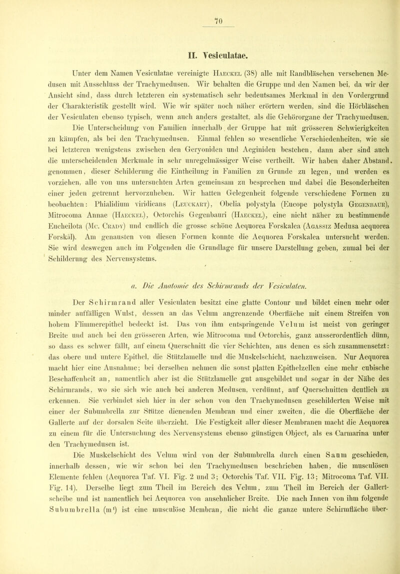 II. Vesiculatae. Unter dem Namen Vesiculatae vereinigte Haeckel (38) alle mit Randbläschen versehenen Me- dusen mit Ausschluss der Trachymedusen. Wir behalten die Gruppe und den Namen hei, da wir der Ansicht sind, dass durch letzteren ein systematisch sehr bedeutsames Merkmal in den Vordergrund der Charakteristik gestellt wird. Wie wir später noch näher erörtern werden, sind die Hörbläschen der Vesiculaten ebenso typisch, wenn auch anders gestaltet, als die Gehörorgane der Trachymedusen. Die Unterscheidung von Familien innerhalb. der Gruppe hat mit grösseren Schwierigkeiten zu kämpfen, als hei den Trachymedusen. Einmal fehlen so wesentliche Verschiedenheiten, wie sie hei letzteren wenigstens zwischen den Geryoniden und Aeginiden bestehen, dann aber sind auch die unterscheidenden Merkmale in sehr unregelmässiger Weise vertheilt. Wir haben daher Abstand genommen, dieser Schilderung die Eintheilung in Familien zu Grunde zu legen, und werden es vorziehen, alle von uns untersuchten Arten gemeinsam zu besprechen und dabei die Besonderheiten einer jeden getrennt hervorzuheben. Wir hatten Gelegenheit folgende verschiedene Formen zu beobachten: Phialidium viridicans (Leuckart), Obelia polystyla (Eucope polystyla Gegenbaur), Mitrocoma Annae (Haeckel), Octorchis Gegenbauri (Haeckel), eine nicht näher zu bestimmende Eucheilota (Mc. Crady) und endlich die grosse schöne Aequorea Forskalea (Agassiz Medusa aequorea Forskäl). Am genausten von diesen Formen konnte die Aequorea Forskalea untersucht werden. Sie wird deswegen auch im Folgenden die Grundlage für unsere Darstellung gehen, zumal hei der ' Schilderung des Nervensystems. a. Die Anatomie des Schirmrands der Vesiculaten. Der Schirmrand aller Vesiculaten besitzt eine glatte Contour und bildet einen mehr oder minder auffälligen Wulst, dessen an das Velum angrenzende Oberfläche mit einem Streifen von hohem Flimmerepithel bedeckt ist. Das von ihm entspringende Velum ist meist von geringer Breite und auch hei den grösseren Arten, wie Mitrocoma und Octorchis, ganz ausserordentlich dünn, so dass es schwer fällt, auf einem Querschnitt die vier Schichten, aus denen es sich zusammensetzt: das obere und untere Epithel, die Stützlamelle und die Muskelschicht, nachzuweisen. Nur Aequorea macht hier eine Ausnahme; bei derselben nehmen die sonst platten Epithelzellen eine mehr cubische Beschaffenheit an, namentlich aber ist die Stützlamelle gut ausgebildet und sogar in der Nähe des Schirmrands, wo sie sich wie auch bei anderen Medusen, verdünnt, auf Querschnitten deutlich zu erkennen. Sie verbindet sich hier in der schon von den Trachymedusen geschilderten Weise mit einer der Subumbrella zur Stütze dienenden Membran und einer zweiten, die die Oberfläche der Gallerte auf der dorsalen Seite überzieht. Die Festigkeit aller dieser Membranen macht die Aequorea zu einem für die. Untersuchung des Nervensystems ebenso günstigen Object, als es Carmarina unter den Trachymedusen ist. Die Muskelschicht des Velum wird von der Subumbrella durch einen Saum geschieden, innerhalb dessen, wie wir schon hei den Trachymedusen beschrieben haben, die musculösen Elemente fehlen (Aequorea Taf. VI. Fig. 2 und 3; Octorchis Taf. VII. Fig. 13; Mitrocoma Taf. VII. Fig. 14). Derselbe liegt zum Theil im Bereich des Velum, zum Theil im Bereich der Gallert- scheibe und ist namentlich bei Aequorea von ansehnlicher Breite. Die nach Innen von ihm folgende Subumbrella (m1) ist eine musculöse Membran, die nicht die ganze untere Schirmfläche über-