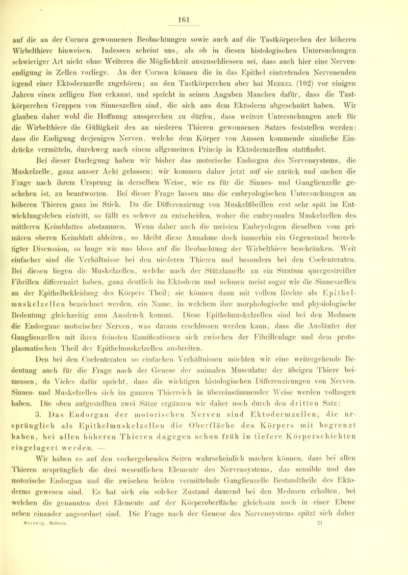 auf die an der Cornea gewonnenen Beobachtungen sowie auch auf die Tastkörperchen der höheren Wirbelthiere hinweisen. Indessen scheint uns, als ob in diesen histologischen Untersuchungen schwieriger Art nicht ohne Weiteres die Möglichkeit auszuschliessen sei, dass auch hier eine Nerven- endigung in Zellen vorliege. An der Cornea können die in das Epithel eintretenden Nervenenden irgend einer Ektodermzelle zugehören; an den Tastkörperchen aber hat Merkel (102) vor einigen Jahren einen zelligen Bau erkannt, und spricht in seinen Angaben Manches dafür, dass die Tast- körperchen Gruppen von Sinneszellen sind, die sich aus dem Ektoderm abgeschnürt haben. Wir glauben daher wohl die Hoffnung aussprechen zu dürfen, dass weitere Untersuchungen auch für die Wirbelthiere die Gültigkeit des an niederen Thieren gewonnenen Satzes feststellen werden: dass die Endigung derjenigen Nerven, welche dem Körper von Aussen kommende sinnliche Ein- drücke vermitteln, durchweg nach einem allgemeinen Princip in Ektodermzellen stattfindet. Bei dieser Darlegung haben wir bisher das motorische Endorgan des Nervensystems, die Muskelzelle, ganz ausser Acht gelassen; wir kommen daher jetzt auf sie zurück und suchen die Frage nach ihrem Ursprung in derselben Weise, wie es für die Sinnes- und Ganglienzelle ge- schehen ist, zu beantworten. Bei dieser Frage lassen uns die embryologischen Untersuchungen an höheren Thieren ganz im Stich. Da die Differenzirung von Muskelfibrillen erst sehr spät im Ent- wicklungsleben eintritt, so fällt es schwer zu entscheiden, woher die embryonalen Muskelzellen des mittleren Keimblattes abstammen. Wenn daher auch die meisten Embryologen dieselben vom pri- mären oberen Keimblatt ableiten, so bleibt diese Annahme doch immerhin ein Gegenstand berech- tigter Discussion, so lange wir uns bloss auf die Beobachtung der Wirbelthiere beschränken. Weit einfacher sind die Verhältnisse bei den niederen Thieren und besonders bei den Coelenteraten. Bei diesen liegen die Muskelzellen, welche nach der Stützlamelle zu ein Stratum quergestreifter Fibrillen differenzirt haben, ganz deutlich im Ektoderm und nehmen meist sogar wie die Sinneszellen an der Epithelbekleidung des Körpers Theil; sie können dann mit vollem Rechte als Epithel- muskelzellen bezeichnet werden, ein Name, in welchem ihre morphologische und physiologische Bedeutung gleichzeitig zum Ausdruck kommt. Diese Epithelmuskelzellen sind bei den Medusen die Endorgane motorischer Nerven, was daraus erschlossen werden kann, dass die Ausläufer der Ganglienzellen mit ihren feinsten Kamificationen sich zwischen der Fibrillenlage und dem proto- plasmatischeu Theil der Epithelmuskelzellen ausbreiten. Den bei den Coelenteraten so einfachen Verhältnissen möchten wir eine weitergehende Be- deutung auch für die Frage nach der Genese der animalen Musculatur der übrigen Tliiere bei- messen, da Vieles dafür spricht, dass die wichtigen histologischen Differenzirungen von Nerven, Sinnes- und Muskelzellen sich im ganzen Thierreich in übereinstimmender Weise werden vollzogen haben. Die oben aufgestellten zwei Sätze ergänzen Avir daher noch durch den dritten Satz: 3. Das Endorgan der motorischen Nerven sind Ektodermzellen, die ur- sprünglich als Epithelmuskelzellen die Oberfläche des Körpers mit begrenzt haben, bei allen höheren Thieren dagegen schon früh in tiefere Körperschichten eingelagert werden. — Wir haben es auf den vorhergehenden Seiten wahrscheinlich machen können, dass bei allen Thieren ursprünglich die drei wesentlichen Elemente des Nervensystems, das sensible und das motorische Endorgan und die zwischen beiden vermittelnde Ganglienzelle Bestandtheile des Ekto- derms gewesen sind. Es hat sich ein solcher Zustand dauernd bei den Medusen erhalten, bei welchen die genannten drei Elemente auf der Körperoberfläche gleichsam noch in einer Ebene neben einander angeordnet sind. Die Frage nach der Genese des Nervensystems spitzt sich daher Bertwig, Medusen. 21