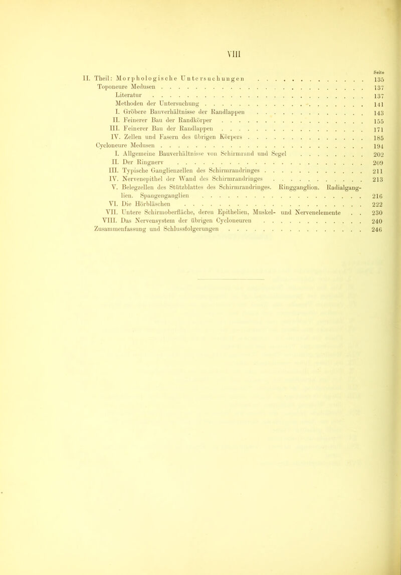 Seite II. Theil: Morphologische Untersuchungen 135 Toponeure Medusen 137 Literatur 137 Methoden der Untersuchung 141 I. Gröbere Bau Verhältnisse der Randlappen 143 II. Feinerer Bau der Randkörper 155 III. Feinerer Bau der Randlappen 171 IV. Zellen und Fasern des übrigen Körpers 185 Cycloneure Medusen 194 I. Allgemeine Bauverhältnisse von Schirmrand und Segel 202 II. Der Ringnerv 209 III. Typische Ganglienzellen des Schirmraudringes 211 IV. Nervenepithel der Wand des Schirmrandringes 213 V. Belegzellen des Stützblattes des Schirmraudringes. Ringganglion. Radialgaug- lien. Spaugenganglien 216 VI. Die Hörbläschen 222 VII. Untere Schirmoberfläche, deren Epithelien, Muskel- und Nervenelemente . . 230 VIII. Das Nervensystem der übrigen Cycloneureu 240 Zusammenfassung und Schlussfolgerungen 246