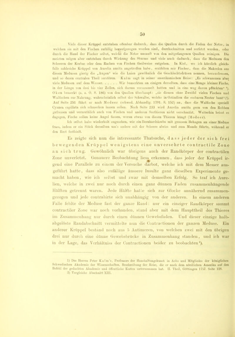 Viele dieser Krüppel entstehen offenbar dadurch, dass die Quallen durch die Fäden der Netze, in welchen sie mit den Fischen zufällig heraufgezogen worden sind, durchschnitten und zerfetzt werden, oder durch die Hand der Fischer selbst, welche die Netze unsanft von den initgefangenen Quallen reinigen. Die meisten mögen aber entstehen durch Wirkung des Sturms und viele auch dadurch, dass die Medusen den Scheeren der Krebse oder dem Kachen von Fischen theilweise entgehen. In Kiel, wo ich kürzlich gleich- falls zahlreiche Krüppel von Aurelia aurita angetroffen habe, erzählten mir Fischer, dass die Makrelen aus diesen Medusen gierig die „Augen“ wie die Laien gewöhnlich die Geschlechtsdrüsen nennen, herausfressen, und so deren centralen Theil zerstören. Kalm sagt in seiner amerikanischen Reise: „Es schwammen aber viele Medusen auf dem Wasser Wir bemerkten an einigen derselben, dass eine Menge kleiner Fische, in der Länge von drei bis vier Zollen, sich darum versammelt hatten und in eins weg davon pflückten“ '). Oken bemerkt (a. a. 0. S. 186) von den Quallen überhaupt: „sie dienen ohne Zweifel vielen Fischen und Walfischen zur Nahrung, wahrscheinlich selbst der Schwalbe, welche in Ostindien die essbaren Nester baut“(!). Auf Seite 251 führt er nach Mo de er (sehwed. Abhandlg. 1791. S, 152) an, dass die Walfische speciell Cyanea capillata sich schmecken lassen sollen. Nach Seite 233 wird Aurelia aurita gern von den Robben gefressen und vermuthlich auch von Fischen und anderen Seethieren nicht verschmäht. Weiterhin heisst es dagegen, Fische sollen keine Angel fassen, woran etwas von diesen Thieren hängt (Modeer). Ich selbst habe wiederholt zugesehen, wie ein Bernkardskrebs mit grossem Behagen an einer Meduse frass, indem er ein Stück derselben um’s andere mit der Scheere abriss und zum Munde führte, während er den Rest festhielt. Es zeigte sich nun die interessante Tkatsache, dass jeder der sich frei bewegenden Krüppel wenigstens eine unversehrte contractile Zone an sich trug. Gewöhnlich war übrigens auch der Randkörper der contractilen Zone unverletzt. Genauere Beobachtung liess erkennen, dass jeder der Krüppel ir- gend eine Parallele zu einem der Versuche darbot, welche ich mit dem Messer aus- geführt hatte, dass also zufällige äussere Insulte ganz dieselben Experimente ge- macht haben, wie ich selbst und zwar mit demselben Erfolg. So traf ich Aure- lien, welche in zwei nur noch durch einen ganz dünnen Faden zusammenhängende Hälften getrennt waren. Jede Hälfte hatte sich zur Glocke annähernd zusammen- gezogen und jede contrahirte sich unabhängig von der anderen. In einem anderen Falle fehlte der Meduse fast der ganze Raud: nur ein einziger Raudkörper sammt contractiler Zone war noch vorhanden, stand aber mit dem Haupttheil des Thieres im Zusammenhang nur durch einen dünnen Gewebsfaden. Und dieser einzige halb- abgelöste Randabschnitt vermittelte nun die Contractionen der ganzen Meduse. Ein anderer Krüppel bestand noch aus 5 Antimeren, von welchen zwei mit den übrigen drei nur durch eine dünne Gewebsbrücke in Zusammenhang standen, und ich war in der Lage, das Verhältniss der Contractionen beider zu beobachten1 2). 1) Des Herren Peter Kalm’s, Professors der Haushaltungskunst in Aobo und Mitgliedes der königlichen Schwedischen Akademie der Wissenschaften, Beschreibung der Reise, die er nach dem nördlichen Amerika auf den Befehl der gedachten Akademie und öffentliche Kosten unternommen hat. II. Theil, Göttingen 1757. Seite 128.