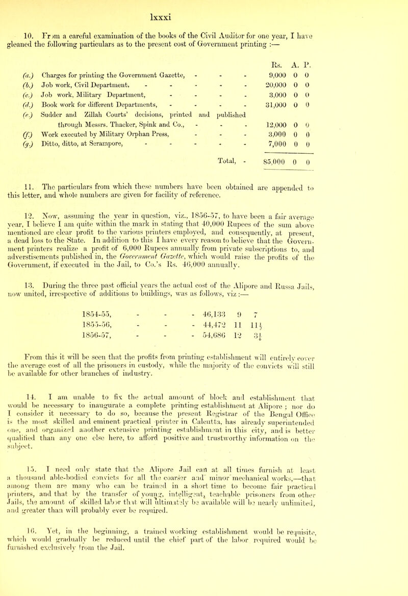 10. Fr un a careful examination of tlie books of the Civil Auditor for one year, I have gleaned the following particulars as to the present cost of Government printing :— (a.) Charges for printing the Government Gazette, Rs. 9,000 A. 0 p. 0 (b.) Job work, Civil Department, - - 20,000 0 0 (c.) Job work, Military Department, - 3,000 0 0 (d.) Book work for different Departments, - 31,000 0 0 G) Sudder and Zillah Courts’ decisions, printed and through Messrs. Thacker, Spink and Co., published 12,000 0 0 (f) Work executed by Military Orphan Press, - 3,000 0 0 (3) Ditto, ditto, at Serampore, - 7,000 0 0 Total, - 85,000 0 0 11. The particulars from which these numbers have been obtained are appended to this letter, and whole numbers are given for facility of reference. 12. Now, assuming the year in question, viz., 1856-57, to have been a fair average year, I believe I am quite within the mark in stating that 40,000 Rupees of the sum above mentioned are clear profit to the various printers employed, and consequently, at present, a dead loss to the State. In addition to this I have every reason to believe that the Govern- ment printers realize a profit of 6,000 Rupees annually from private subscriptions to, and advertisements published in, the Government Gazette, which would raise the profits of the Government, if executed in the Jail, to Co.’s Rs. 46,000 annually. 13. During the three past official years the actual cost of the Alipore and Russa Jails, now united, irrespective of additions to buildings, was as follows, viz :— 1854- 55, - - - 46,133 9 7 1855- 56, - - - 44,472 11 11\ 1856- 57, - - - 54,686 12 3± From this it -will be seen that the profits from printing establishment will entirelv cover the average cost of all the prisoners in custody, while the majority of the convicts will still be available for other branches of industry. 14. I am unable to fix the actual amount of block and establishment that would be necessary to inaugurate a complete printing establishment at Alipore ; nor do I consider it necessary to do so, because the present Registrar of the Bengal Office is the most skilled and eminent practical -printer in Calcutta, has already superintended one, and organized another extensive printing establishment in this city, and is better qualified than any one else here, to afford positive and trustworthv information on tin1 subject. 15. I need only state that the Alipore Jail can at all times furnish at least a thousand able-bodied convicts for all the coarser and” minor’mechanical works,—that among them are many who can be trained in a short time to become fair practical printers, and that by the transfer of young, intelligent^ teachable prisoners from other Jails, the amount of skilled labor that will ultimately be available will be nearly unlimited, and greater than will probably ever be required. 16. Yet, in the beginning, a trained working establishment would be requisite, which would gradually be reduced until the chief part of the labor required would be furnished exclusively from the Jail.