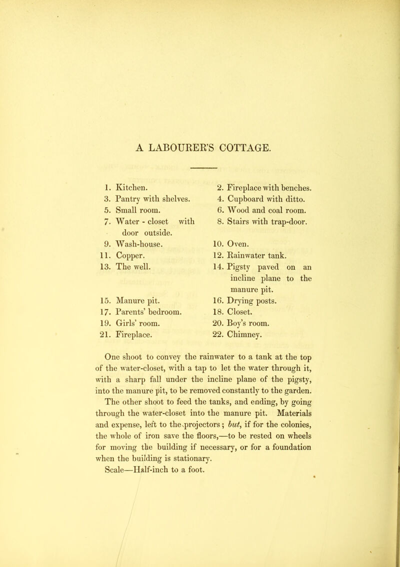 A LABOURER’S COTTAGE. 1. Kitchen. 3. Pantry with shelves. 5. Small room. 7- Water - closet with door outside. 9. Wash-house. 11. Copper. 13. The well. 15. Manure pit. 17. Parents’ bedroom. 19. Girls’ room. 21. Fireplace. 2. Fireplace with benches. 4. Cupboard with ditto. 6. Wood and coal room. 8. Stairs with trap-door. 10. Oven. 12. Rainwater tank. 14. Pigsty paved on an incline plane to the manure pit. 16. Drying posts. 18. Closet. 20. Boy’s room. 22. Chimney. One shoot to convey the rainwater to a tank at the top of the water-closet, with a tap to let the water through it, with a sharp fall under the incline plane of the pigsty, into the manure pit, to be removed constantly to the garden. The other shoot to feed the tanks, and ending, by going through the water-closet into the manure pit. Materials and expense, left to the^projectors; but, if for the colonies, the whole of iron save the floors,—to be rested on wheels for moving the building if necessary, or for a foundation when the building is stationary. Scale—Half-inch to a foot.