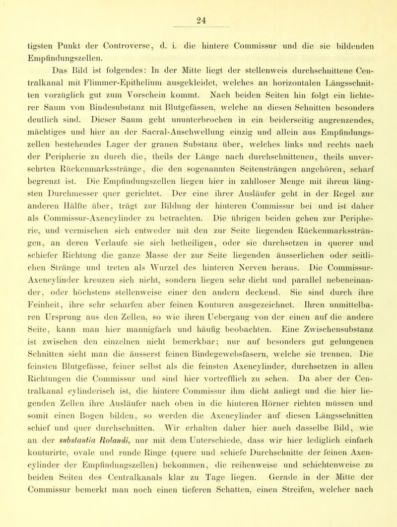 tigsten Punkt der Controverse, d. i. die hintere Commissur und die sie bildenden Empfindungszellen. Das Bild ist folgendes: In der Mitte liegt der stellenweis durchschnittene Cen- tralkanal mit Flimmer-Epithelium ausgekleidet, welches an horizontalen Längsschnit- ten vorzüglich gut zum Vorschein kommt. Nach beiden Seiten hin folgt ein lichte- rer Saum von Bindesubstanz mit Blutgefässen, welche an diesen Schnitten besonders deutlich sind. Dieser Saum geht ununterbrochen in ein beiderseitig angrenzendes, mächtiges und hier an der Sacral-Anschwellung einzig und allein aus Empfindungs- zellen bestehendes Lager der grauen Substanz über, welches links und rechts nach der Peripherie zu durch die, theils der Länge nach durchschnittenen, theils unver- sehrten Rückenmarksstränge, die den sogenannten Seitensträngen angehören, scharf begrenzt ist. Die Empfindungszellen liegen hier in zahlloser Menge mit ihrem läng- sten Durclimesser quer gerichtet. Der eine ihrer Ausläufer geht in der Regel zur anderen Hälfte über, trägt zur Bildung der hinteren Commissur bei und ist daher als Commissur-Axencjlinder zu betrachten. Die übrigen beiden gehen zur Periphe- rie, und vermischen sich entweder mit den zur Seite liegenden Rückenmarkssträn- gen, an deren Verlaufe sie sich betlieiligen, oder sie durchsetzen in querer und schiefer Richtung die ganze Masse der zur Seite liegenden äusserlichen oder seitli- chen Stränge und treten als Wurzel des hinteren Nerven heraus. Die Commissur- Axenc}dinder kreuzen sich nicht, sondeim liegen sehr dicht und parallel nebeneinan- der, oder höchstens stellenweise einer den andern deckend. Sie sind durch ihre Feiidieit, ihre sehr scharfen aber feinen Konturen ausgezeichnet. Ihren unmittelba- ren Ursprung aus den Zellen, so wie ihren Uebergang von der einen auf die andere Seite, kann man hier mannigfach und häufig beobachten. Eine Zwischensubstanz ist zwischen den einzelnen nicht bemerkbar; nur auf besonders gut gelungenen Schnitten sieht man die äusserst feinen Bindegewebsfasern, welche sie trennen. Die feinsten Blutgefässe, feiner selbst als die feinsten Axencjlinder, durchsetzen in allen Richtungen die Commissur und sind hier vortrefflich zu sehen. Da aber der Cen- tralkanal cylinderiscli ist, die hintere Commissur ihm dicht anliegt und die hier lie- genden Zellen ihre Ausläufer nach oben in die hinteren Hörner richten müssen und somit einen Bogen bilden, so werden die Axencylinder auf diesen Längsschnitten schief und quer durchschnitten. Wir erhalten daher hier auch dasselbe Bild, wie an der subslantia liolandi, nur mit dem Unterschiede, dass wir hier lediglich einfach konturirte, ovale und runde Ringe (quere und schiefe Durchschnitte der feinen Axen- cylinder der Empfindungszellen) bekommen, die reihenweise und schichtenweise zu beiden Seiten des Centralkanals klar zu Tage liegen. Gerade in der Mitte der Commissur bemerkt man noch einen tieferen Schatten, einen Streifen, welcher nach