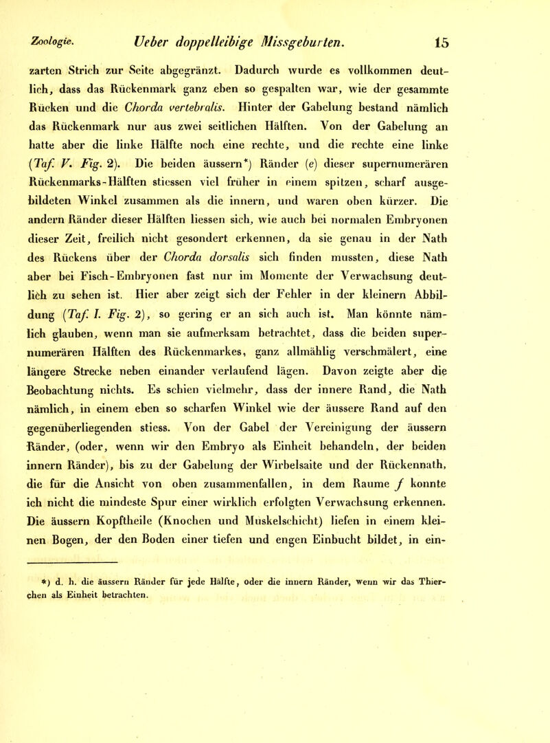 zarten Strich zur Seite abgegränzt. Dadurch wurde es vollkommen deut- lich, dass das Rückenmark ganz eben so gespalten war, wie der gesammte Rücken und die Chorda vertebralis. Hinter der Gabelung bestand nämlich das Rückenmark nur aus zwei seitlichen Hälften. Von der Gabelung an hatte aber die linke Hälfte noch eine rechte, und die rechte eine linke {Taf. V. Fig. 2). Die beiden äussern*) Ränder (e) dieser supernumerären Rückenmarks - Hälften stiessen viel früher in einem spitzen, scharf ausge- bildeten Winkel zusammen als die innern, und waren oben kürzer. Die andern Ränder dieser Hälften Hessen sich, wie auch bei normalen Embryonen dieser Zeit, freilich nicht gesondert erkennen, da sie genau in der Nath des Rückens über der Chorda dorsalis sich finden mussten, diese Nath aber bei Fisch-Embryonen fast nur im Momente der Verwachsung deut- lich zu sehen ist. Hier aber zeigt sich der Fehler in der kleinern Abbil- dung (Taf. I. Fig. 2), so gering er an sich auch ist. Man könnte näm- lich glauben, wenn man sie aufmerksam betrachtet, dass die beiden super- numerären Hälften des Rückenmarkes, ganz allmählig verschmälert, eine längere Strecke neben einander verlaufend lägen. Davon zeigte aber die Beobachtung nichts. Es schien vielmehr, dass der innere Rand, die Nath nämlich, in einem eben so scharfen Winkel wie der äussere Rand auf den gegenüberliegenden stiess. Von der Gabel der Vereinigung der äussern Ränder, (oder, wenn wir den Embryo als Einheit behandeln, der beiden innern Ränder), bis zu der Gabelung der Wirbelsaite und der Riickennath, die für die Ansicht von oben zusammenfallen, in dem Raume J konnte ich nicht die mindeste Spur einer wirklich erfolgten Verwachsung erkennen. Die äussern Kopftheile (Knochen und Muskelschicht) Hefen in einem klei- nen Bogen, der den Boden einer tiefen und engen Einbucht bildet, in ein- *) d. h. die äussern Ränder für jede Hälfte, oder die innern Ränder, wenn wir das Thier- chen als Einheit betrachten.