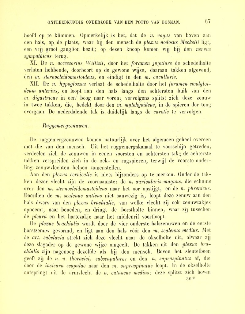 hoofd op te klimmen. Opmerkelijk is het, dat de n. vagus van boven aan den hals, op de plaats, waar bij den mensch de plexus nodosus Meckelii ligt, een vrij groot ganglion bezit; op dezen knoop komen wij bij den nervus sympathicus terug. XI. De n. accessorius Willisii, door het foramen jugulare de schedelholte verlaten hebbende, doorboort op de gewone wijze, daaraan takken afgevend, den m. sternocleidomasloideus, en eindigt in den m. cucullaris. XII. De n. hypoglossus verlaat de schedelholte door het foramen condyloi- deum anterius, en loopt aan den hals langs den achtersten buik van den m. digastricus in een’ boog naar voren; vervolgens splitst zich deze zenuw in twee takken, die, bedekt door den m. mylohyoideus, in de spieren der tong overgaan. De nederdalende tak is duidelijk langs de carotis te vervolgen. Ruggemergzenmven. De ruggemergzenuwen komen natuurlijk over het algemeen geheel overeen met die van den mensch. Uit het ruggemergskanaal te voorschijn getreden, verdeelen zich de zenuwen in eenen voorsten en achtersten tak; de achterste takken verspreiden zich in de nek- en rugspieren, terwijl de voorste onder- ling zenuwvlechten helpen zamenstellen. Aan den plexus cervicalis is niets bijzonders op te merken. Onder de tak- ken dezer vlecht zijn de voornaamste: de n. auricularis magnus, die schuins over den in. sternocleidomasloideus naar het oor opstijgt, en de n. phrenicus. Doordien de m. scalenus anticus niet aanwezig is, loopt deze zenuw aan den hals dwars van den plexus brachialis, van welke vlecht zij ook zenuwtakjes opneemt, naar beneden, en dringt de borstholte binnen, waar zij tusschen de pleura en het harlezakje naar het middenrif voortloopt. De plexus brachialis wordt door de vier onderste halszenuwen en de eerste borstzenuw gevormd, en ligt aan den hals vóór den in. scalenus medius. Met de art. subclavia strekt zich deze vlecht naar de okselholte uit, alwaar zij deze slagader op de gewone wijze omgeeft. De takken uit den plexus bra- chialis zijn nagenoeg dezelfde als bij den mensch. Doven het sleutelbeen geeft zij de n. n. thoracici, subscapulares en den n. supraspinalus af, die door de incisura scapulae naar den m. supraspinatus loopt. In de okselholte ontspringt uit de armvlecht de n. cutaneus inedius; deze splitst zich boven 30*