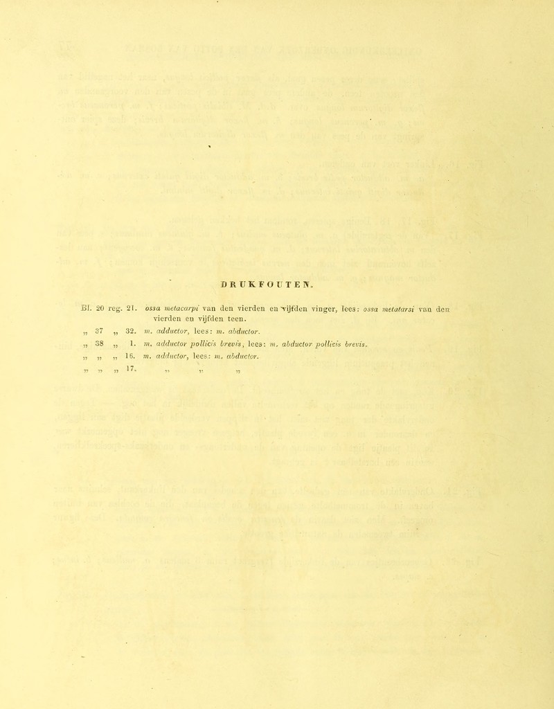 DRUKFOUTEN. BI. 20 reg. 21. „ 37 „ 32. „ 38 55 1. 55 55 „ 16. 55 55 „ 17. óssa metacarpi van den vierden en ‘vijfden vinger, lees: ossa metatarsi van den vierden en vijfden teen. m. adductor, lees: ra. abductor. m. adductor pollicis brevis, lees: m. abductor pollieis brevis. m. adductor, lees,: m. abductcr.