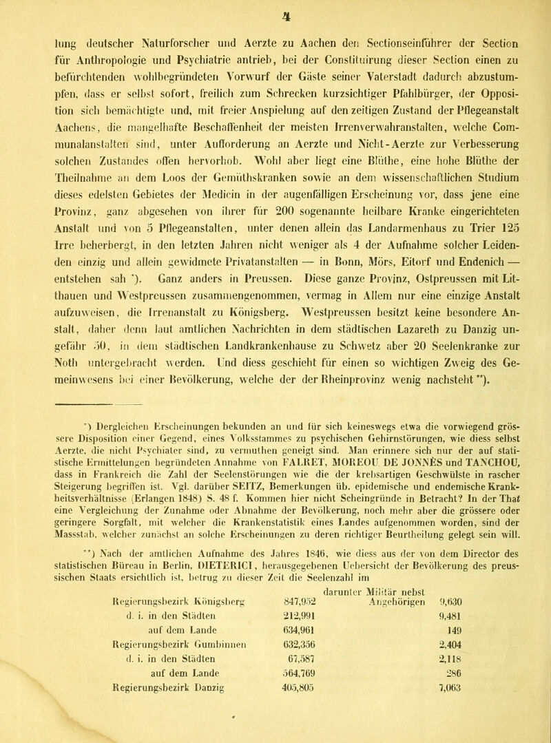 lung deutscher Naturforscher und Aerzte zu Aachen den Sectionseinführer der Section für Anthropologie und Psychiatrie antrieb, bei der Constituirung dieser Section einen zu befürchtenden wollt begründeten Vorwurf der Gäste seiner Vaterstadt dadurch abzustum- pfen, dass er selbst sofort, freilich zum Schrecken kurzsichtiger Pfahlbürger, der Opposi- tion sich bemächtigte und, mit freier Anspielung auf den zeitigen Zustand der Pflegeanstalt Aachens, die mangelhafte Beschaffenheit der meisten Irrenverwahranstalten, welche Com- munalanstalten sind, unter Aufforderung an Aerzte und Nicht-Aerzte zur Verbesserung solchen Zustandes offen hervorhob. Wohl aber liegt eine Blülhe, eine hohe Blüthe der Theilnahme an dem Loos der Gemüthskranken sowie an dem wissenschaftlichen Studium dieses edelsten Gebietes der Medicin in der augenfälligen Erscheinung vor, dass jene eine Provinz, ganz abgesehen von ihrer für 200 sogenannte heilbare Kranke eingerichteten Anstalt und von 5 Pflegeanstalten, unter denen allein das Landarmenhaus zu Trier 125 Irre beherbergt, in den letzten Jahren nicht weniger als 4 der Aufnahme solcher Leiden- den einzig und allein gewidmete Privatanstalten — in Bonn, Mors, Eitorf und Endenich — entstehen sah *). Ganz anders in Preussen. Diese ganze Provinz, Ostpreussen mit Lit- thauen und Westpreussen zusammengenommen, vermag in Allem nur eine einzige Anstalt aufzuweisen, die Irrenanstalt zu Königsberg. Westpreussen besitzt keine besondere An- stalt, daher denn laut amtlichen Nachrichten in dem städtischen Lazareth zu Danzig un- gefähr 50, in dein städtischen Landkrankenhause zu Schwetz aber 20 Seelenkranke zur Noth untergebracht werden. Und diess geschieht für einen so wichtigen Zweig des Ge- meinwesens bei einer Bevölkerung, welche der der Bheinprovinz wenig nachsteht ”). *) Dergleichen Erscheinungen bekunden an und für sich keineswegs etwa die vorwiegend grös- sere Disposition einer Gegend, eines Volksstammes zu psychischen Gehirnstörungen, wie diess selbst Aerzte, die nicht Psychiater sind, zu vermuthen geneigt sind. Man erinnere sich nur der auf stati- stische Ermittelungen begründeten Annahme von FALRET, MOREOU DE JONNfiS und TANCHOU, dass in Frankreich die Zahl der Seelenstörungen wie die der krebsartigen Geschwülste in rascher Steigerung begriffen ist. Vgl. darüber SEITZ, Bemerkungen üb. epidemische und endemische Krank- heitsverhältnisse (Erlangen 1848) S. 48 f. Kommen hier nicht Scheingründe in Betracht? In derThat eine Vergleichung der Zunahme oder Abnahme der Bevölkerung, noch mehr aber die grössere oder geringere Sorgfalt, mit welcher die Krankenstatistik eines Landes aufgenommen worden, sind der Massstab, welcher zunächst an solche Erscheinungen zu deren richtiger Beurlheilung gelegt sein will. **) Nach der amtlichen Aufnahme des Jahres 1846, wie diess aus der von dem Director des statistischen Büreau in Berlin, DIETER1CI, herausgegebenen Uebersicht der Bevölkerung des preus- sischen Staats ersichtlich ist, betrug zu dieser Zeit die Seelenzahl im darunter Militär nebst Regierungsbezirk Königsberg 847,952 Angehörigen 9,630 d. i. in den Städten 212,991 9,481 auf dem Lande 634,961 149 Regierungsbezirk Gumbinnen 632,356 2,404 d. i. in den Städten 67,587 2,118 auf dem Lande 564,769 286 Regierungsbezirk Danzig 405,805 7,063