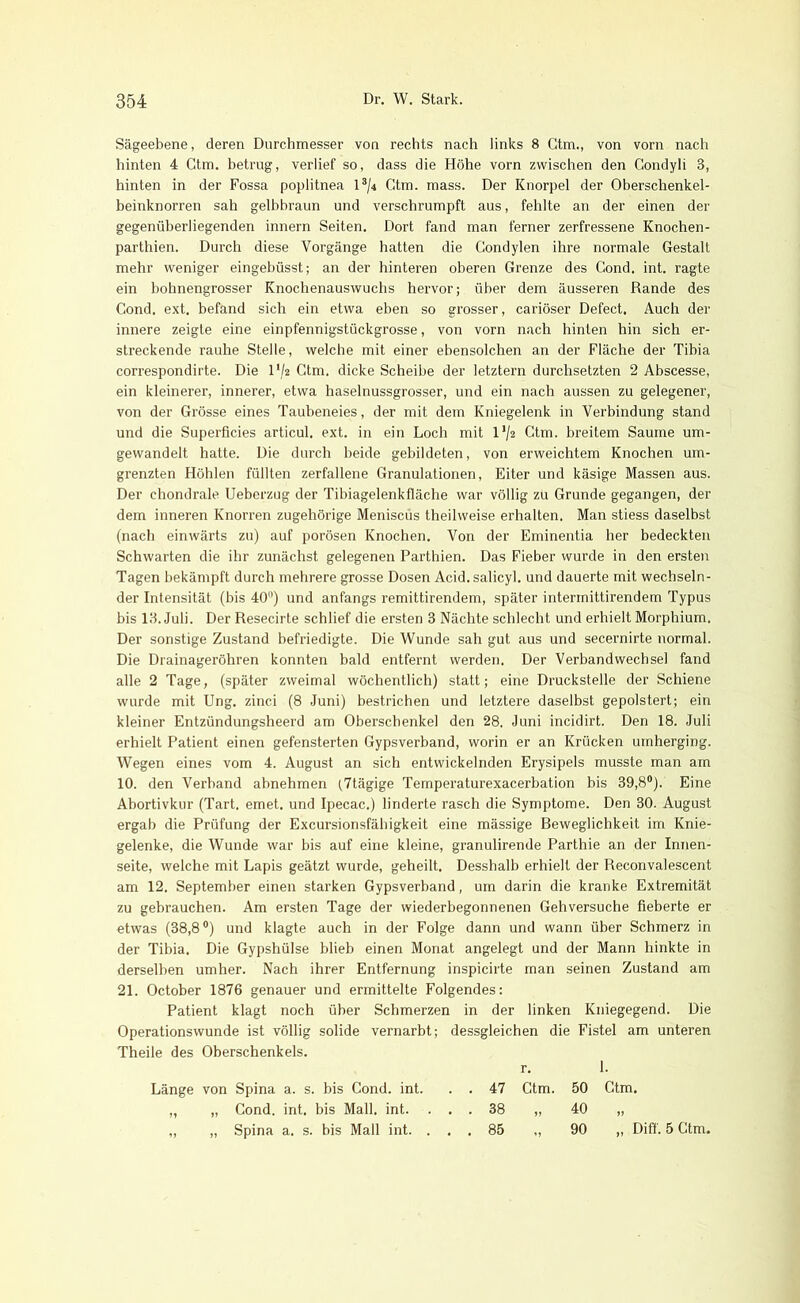 Sägeebene, deren Durchmesser von rechts nach links 8 Ctm., von vorn nach hinten 4 Ctm. betrug, verlief so, dass die Höhe vorn zwischen den Gondyli 3, hinten in der Fossa poplitnea 1 ®/4 Ctm. mass. Der Knorpel der Oberschenkel- beinknorren sah gelbbraun und verschrumpft aus, fehlte an der einen der gegenüberliegenden innern Seiten. Dort fand man ferner zerfressene Knochen- parthien. Durch diese Vorgänge hatten die Condylen ihre normale Gestalt mehr weniger eingebüsst; an der hinteren oberen Grenze des Cond. int. ragte ein bohnengrosser Knochenauswuchs hervor; über dem äusseren Rande des Cond. ext. befand sich ein etwa eben so grosser, cariöser Defect. Auch der innere zeigte eine einpfennigstückgrosse, von vorn nach hinten hin sich er- streckende rauhe Stelle, welche mit einer ebensolchen an der Fläche der Tibia correspondirte. Die l‘/2 Ctm. dicke Scheibe der letztem durchsetzten 2 Abscesse, ein kleinerer, innerer, etwa haselnussgrosser, und ein nach aussen zu gelegener, von der Grösse eines Taubeneies, der mit dem Kniegelenk in Verbindung stand und die Superficies articul. ext. in ein Loch mit l1/* Ctm. breitem Saume um- gewandelt hatte. Die durch beide gebildeten, von erweichtem Knochen um- grenzten Höhlen füllten zerfallene Granulationen, Eiter und käsige Massen aus. Der chondrale Ueberzug der Tibiagelenkfläche war völlig zu Grunde gegangen, der dem inneren Knorren zugehörige Meniscus theilweise erhalten. Man stiess daselbst (nach einwärts zu) auf porösen Knochen. Von der Eminentia her bedeckten Schwarten die ihr zunächst gelegenen Parthien. Das Fieber wurde in den ersten Tagen bekämpft durch mehrere grosse Dosen Acid. salicyl. und dauerte mit wechseln- der Intensität (bis 40°) und anfangs remittirendem, später intermittirendem Typus bis 13. Juli. Der Resecirte schlief die ersten 3 Nächte schlecht und erhielt Morphium. Der sonstige Zustand befriedigte. Die Wunde sah gut aus und secernirte normal. Die Drainageröhren konnten bald entfernt werden. Der Verbandwechsel fand alle 2 Tage, (später zweimal wöchentlich) statt; eine Druckstelle der Schiene wurde mit Ung. zinci (8 Juni) bestrichen und letztere daselbst gepolstert; ein kleiner Entzündungsheerd am Oberschenkel den 28. Juni incidirt. Den 18. Juli erhielt Patient einen gefensterten Gypsverband, worin er an Krücken umherging. Wegen eines vom 4. August an sich entwickelnden Erysipels musste man am 10. den Verband abnehmen (7tägige Temperaturexacerbation bis 39,8°). Eine Abortivkur (Tart. emet. und Ipecac.) linderte rasch die Symptome. Den 30. August ergab die Prüfung der Excursionsfähigkeit eine mässige Reweglichkeit im Knie- gelenke, die Wunde war bis auf eine kleine, granulirende Parthie an der Innen- seite, welche mit Lapis geätzt wurde, geheilt. Desshalb erhielt der Reconvalescent am 12. September einen starken Gypsverband, um darin die kranke Extremität zu gebrauchen. Am ersten Tage der wiederbegonnenen Gehversuche fieberte er etwas (38,8°) und klagte auch in der Folge dann und wann über Schmerz in der Tibia. Die Gypshülse blieb einen Monat angelegt und der Mann hinkte in derselben umher. Nach ihrer Entfernung inspicirte man seinen Zustand am 21. October 1876 genauer und ermittelte Folgendes: Patient klagt noch über Schmerzen in der linken Kniegegend. Die Operationswunde ist völlig solide vernarbt; dessgleichen die Fistel am unteren Theile des Oberschenkels. r. 1. Länge von Spina a. s. bis Cond. int. . . 47 Ctm. 50 Ctm. „ „ Cond. int. bis Mall. int. ... 38 „ 40 „ „ Spina a. s. bis Mall int. ... 85 „ 90 Diff. 5 Ctm.